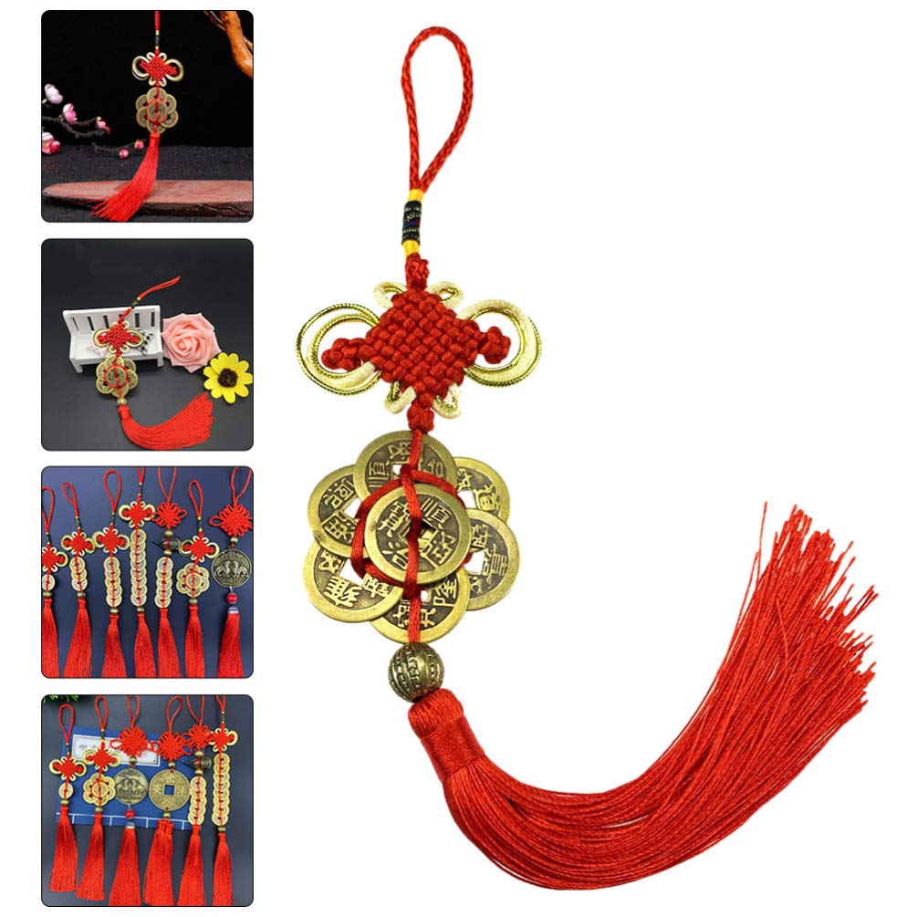 2pcs Feng Shui Coin Pendant with Chinese Knot - Lucky Charm Car Ornament for Rearview Mirror, Tassel Hanger, Home Decor - Chinese Style Copper Coins for Car, Office & Gift Giving