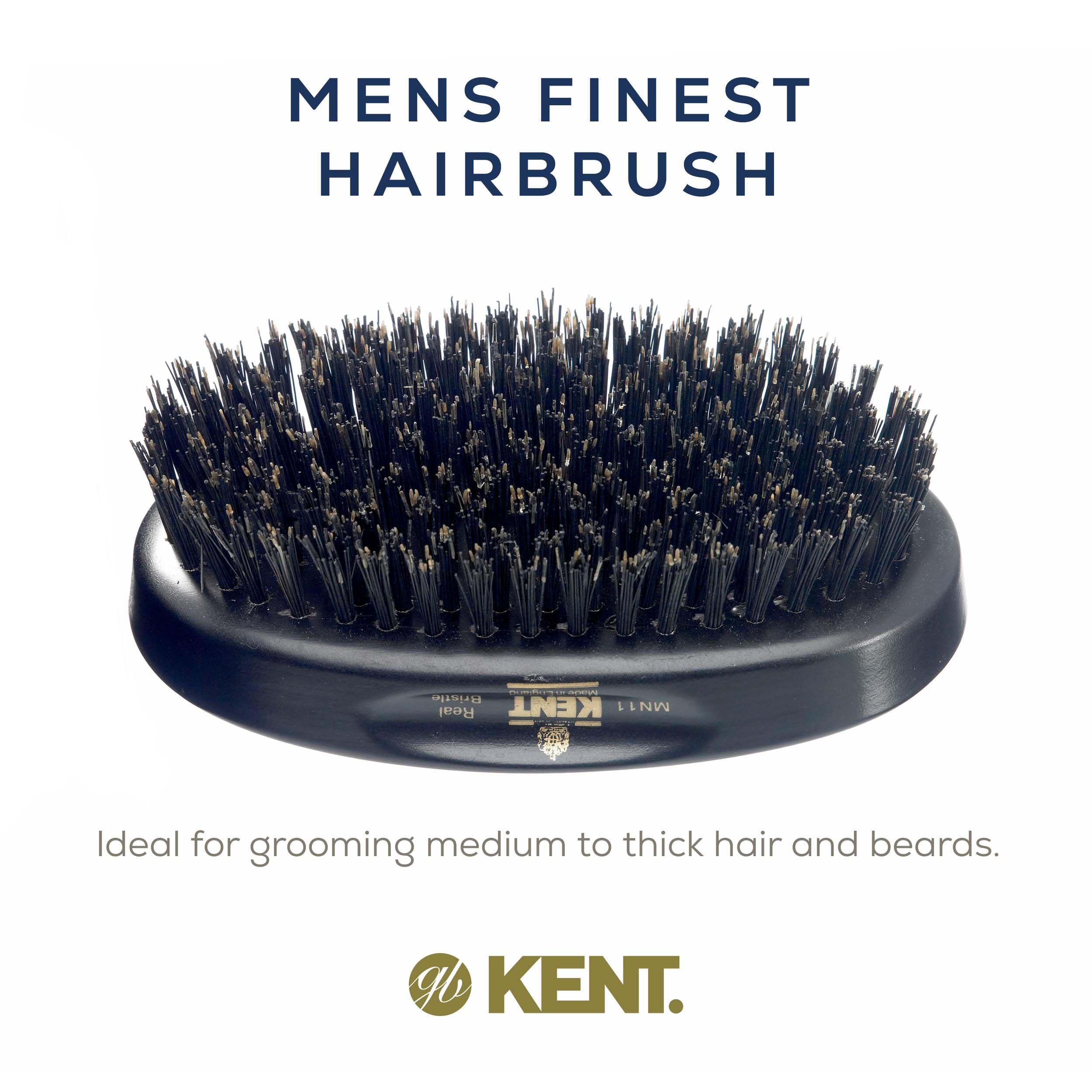Kent MN11 Premium Men's Hair & Beard Brush - Natural Black Boar Bristle for Grooming, Scalp Massage & 360 Waves - Perfect for Daily Styling & Beard Care at Home or Travel