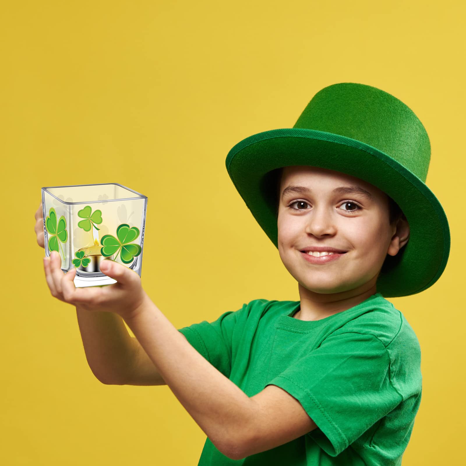 Eaasty 4-Piece St. Patrick's Day Candle Holder Set - Shamrock & Irish-Themed Glass Square Candle Holders for Table Decor, Party Centerpieces, and Home Celebration (Green Holiday Decorations)