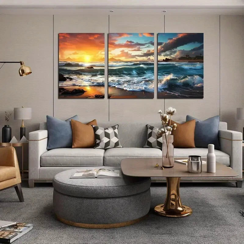 3-Piece Sunset Ocean Waves Metal Wall Art - Vibrant Ready-to-Hang Prints for Living Room, Bedroom & Office Decor