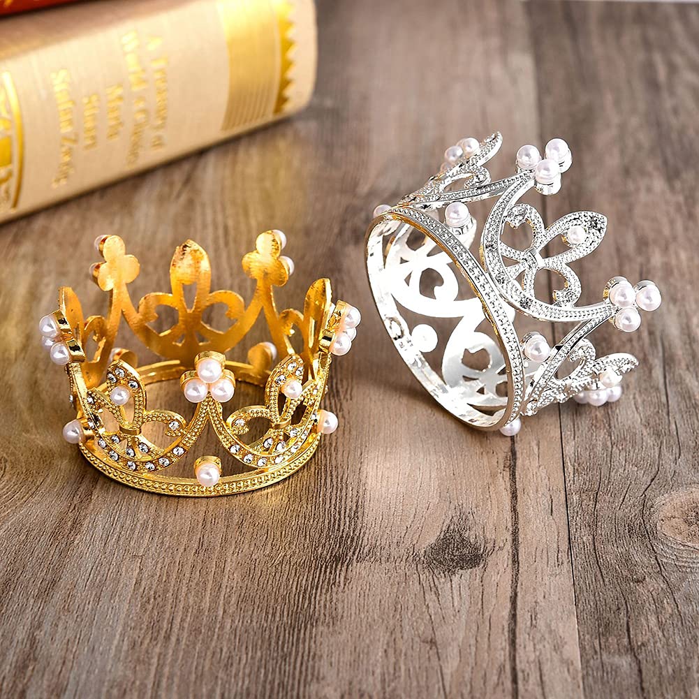 2 Pcs Mini Princess Pearl Crown Tiara Cake Toppers - Elegant Silver Cupcake Decorations for Baby Showers, Birthday Parties, Bridal & Wedding Celebrations - Perfect for Princess-Themed Events and Dessert Displays