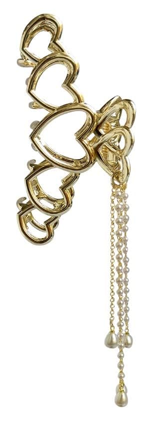 ANNACREATIONS Golden Heart Large Metal Pearl Hair Claw with Tassel - Women's Hair Clutch Accessory for Girls & Teens - Elegant Gold Hair Clip for Parties, Weddings & Daily Wear - Pack of 1