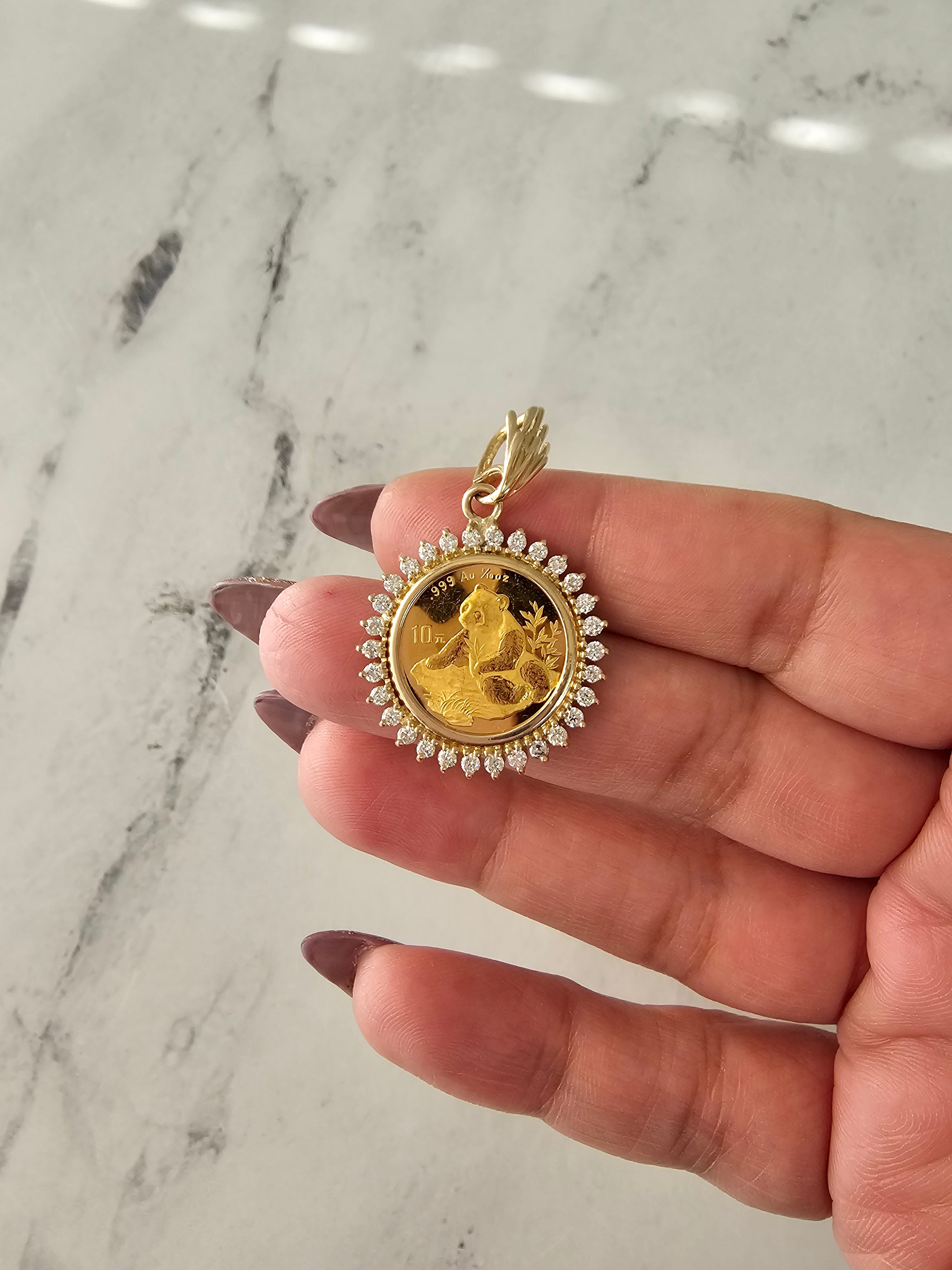 1/10 oz Chinese Panda Gold Coin Diamond Halo Pendant Necklace - Elegant Jewelry Gift for Women, Perfect for Birthdays, Anniversaries & Special Occasions
