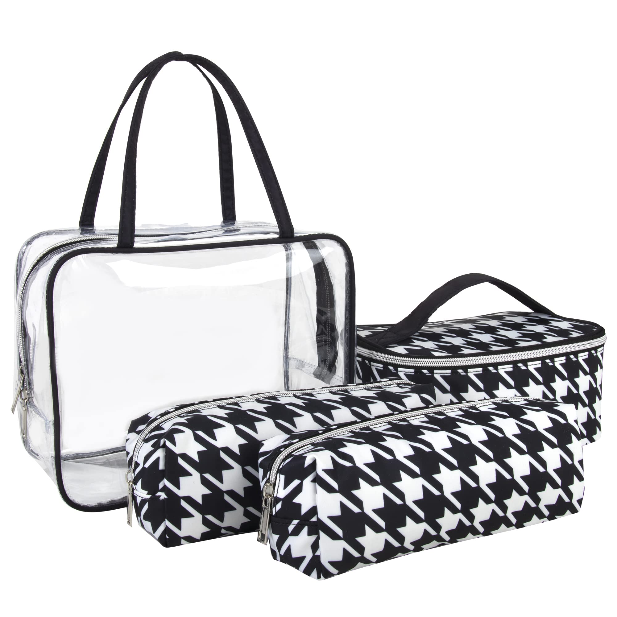Emma & Chloe 4-Piece Waterproof Toiletry Bag Set for Women - Travel Cosmetic Train Case with Handle & Zipper - Executive Houndstooth Makeup Organizer (Perfect for Home, Gym, Vacation & Business Trips)