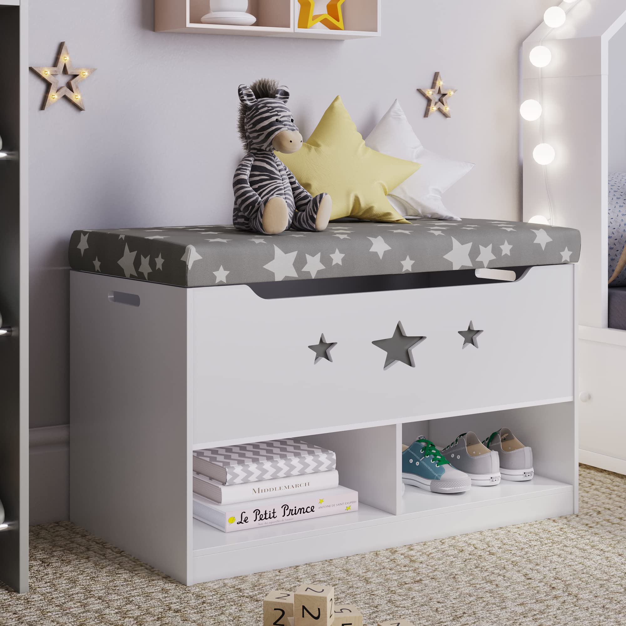 Gray & White Kids Toy Storage Bench with Cushion Seat - Multi-Functional Organizer for Toys, Shoes & Books - Perfect for Bedroom, Playroom & Nursery Organization