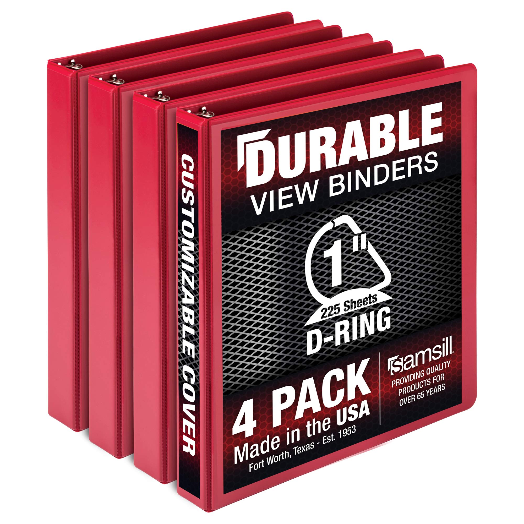 Samsill 1 Inch Durable D-Ring Binder with Clear View Cover - Customizable, Holds 225 Pages, 4-Pack (Red) - Perfect for School, Office & Home Organization - Made in USA
