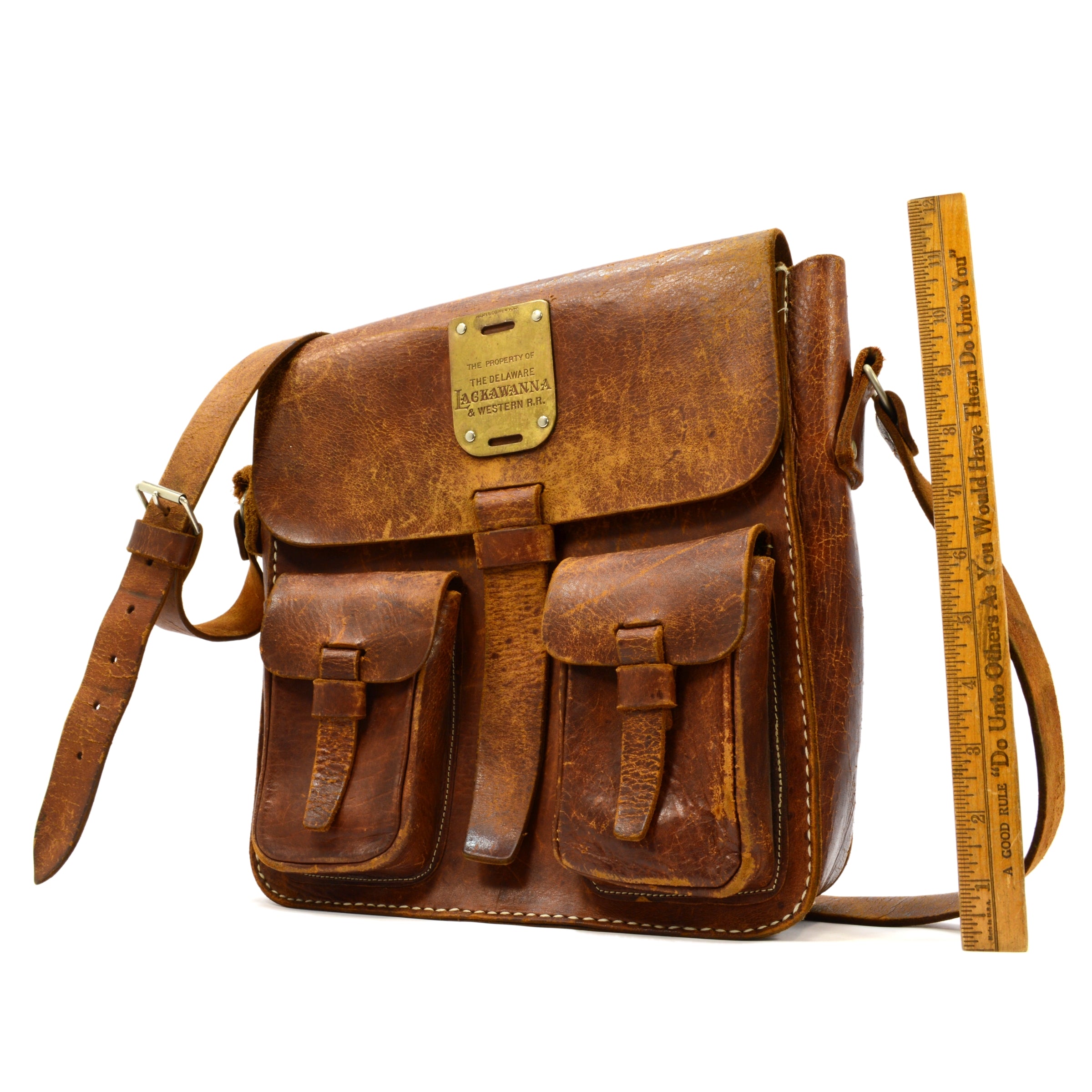 Vintage Antique Brass Train Tag - Delaware Lackawanna & Western Railroad Leather Bag - Rare Collectible - Perfect for Train Enthusiasts & Vintage Fashion Accessories