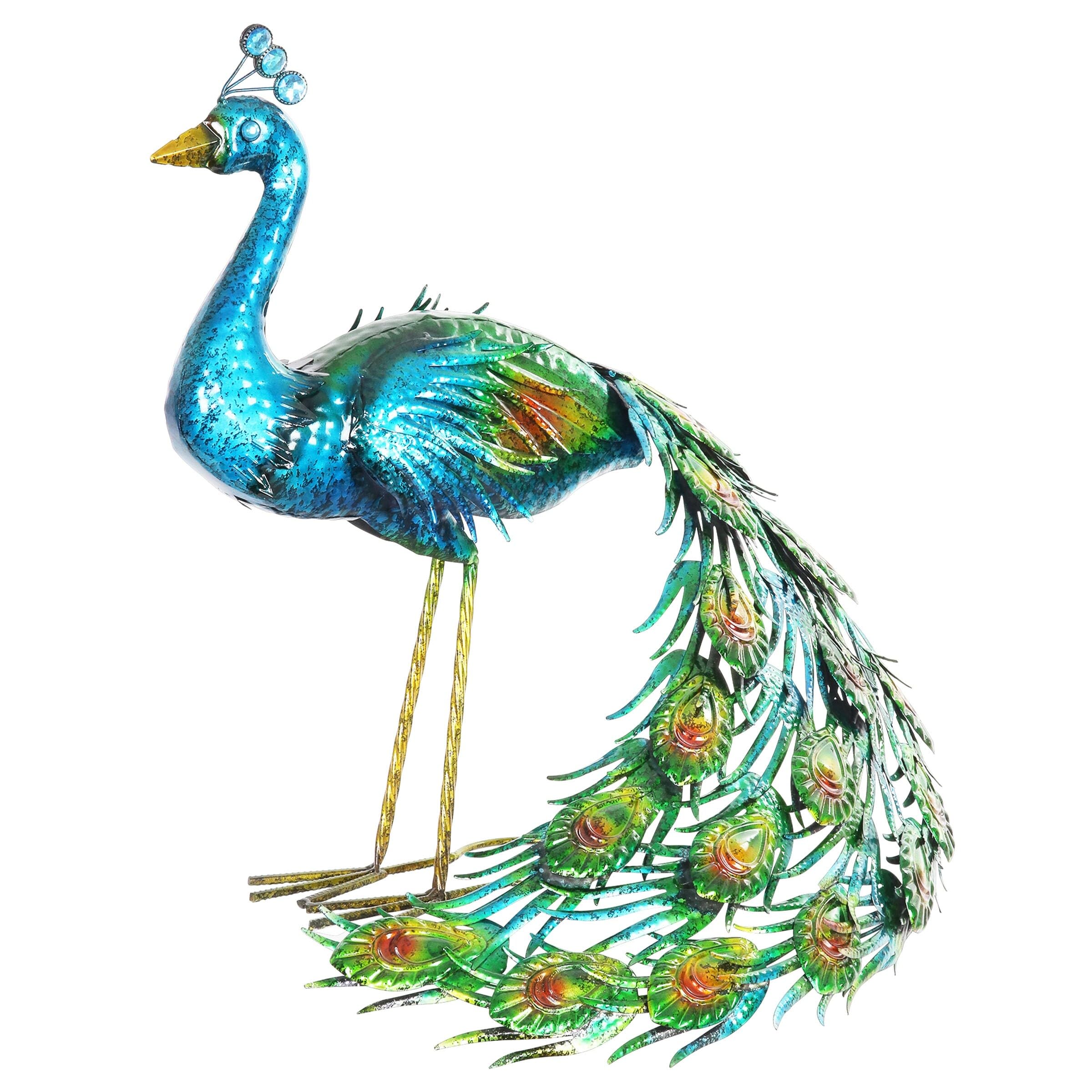 Exhart Metallic Peacock Garden Statue - Hand Painted Outdoor Decor, 15 x 24 Inch - Elegant Yard & Patio Decoration for Gardens, Lawns & Outdoor Spaces