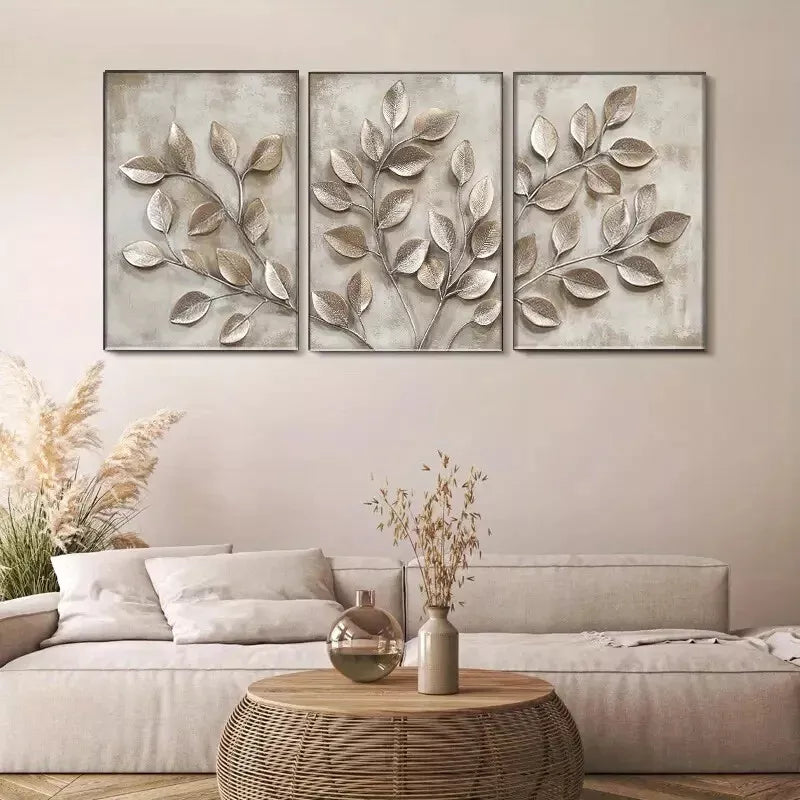 3-Piece Metallic Leaf Branch Triptych Wall Art Set - Framed Canvas 40x60cm (16x24in) - High Quality Print - 100% Australian Made - Ready to Hang - Perfect for Living Room, Bedroom & Office Decor