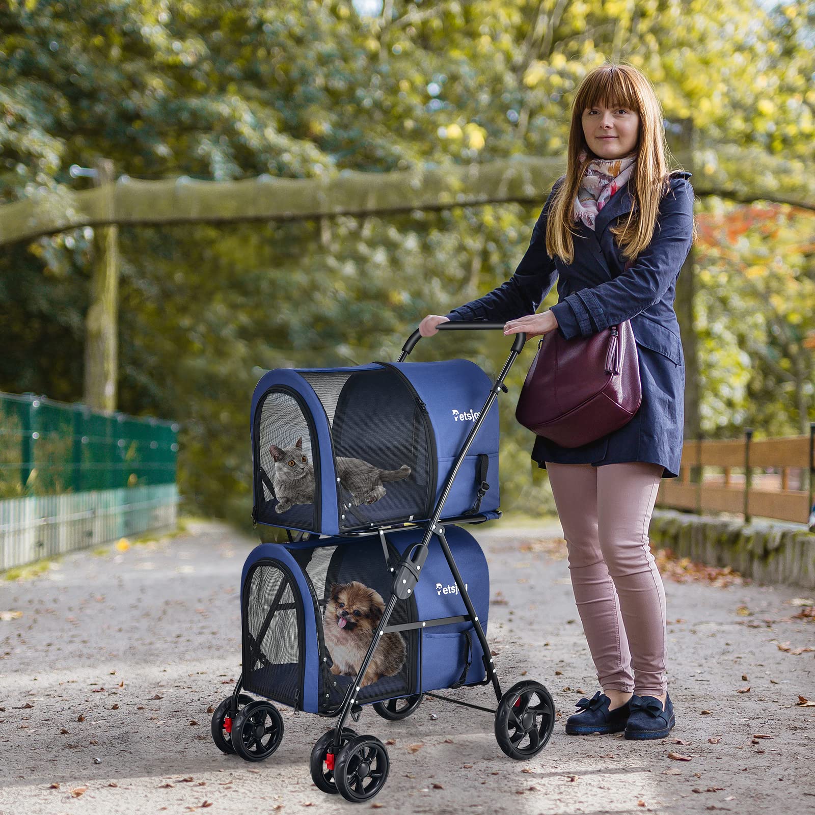Foldable Double Dog Stroller for 2 Small to Medium Pets - Detachable Carrier & Wheels - Jogger Pet Crate for Car, Walking, Camping & Travel - Blue | Perfect for Outdoor Adventures & Vet Visits