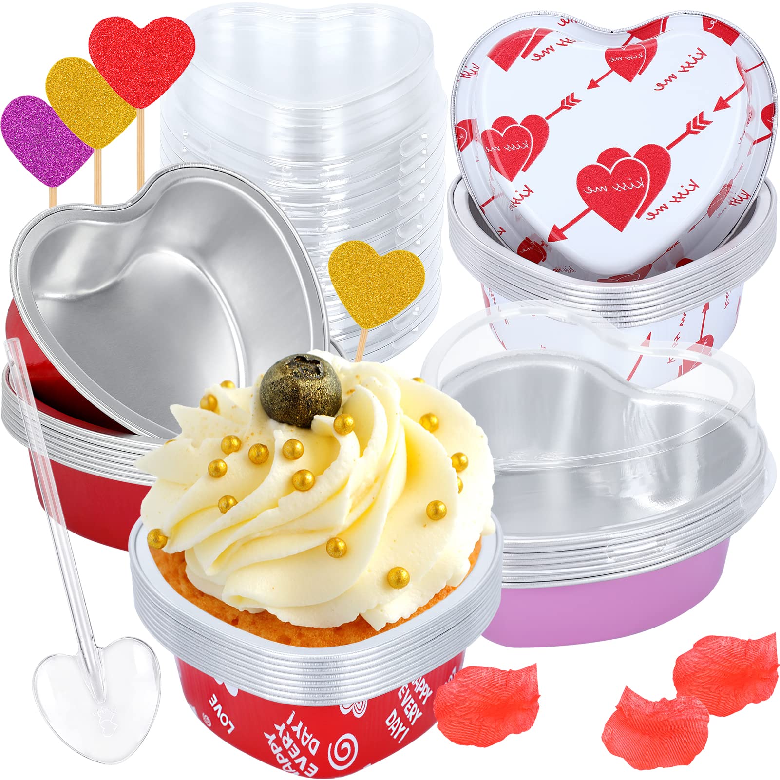 32-Pack Colovis Heart-Shaped Cake Pans - 3.4oz Mini Disposable Aluminum Foil Cupcake Liners with Lids & Spoons - Perfect for Baking, Valentine's Day, Mother's Day, Wedding Parties & Special Occasions