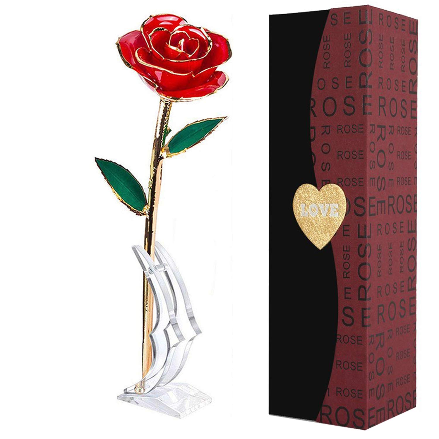 24K Gold Dipped Real Rose with Transparent Stand - Eternal Long Stem Rose Flower for Her, Mom, Wife - Perfect for Anniversary, Mother's Day, Birthday, Valentine's & Wedding Gifts - Elegant Home & Office Décor
