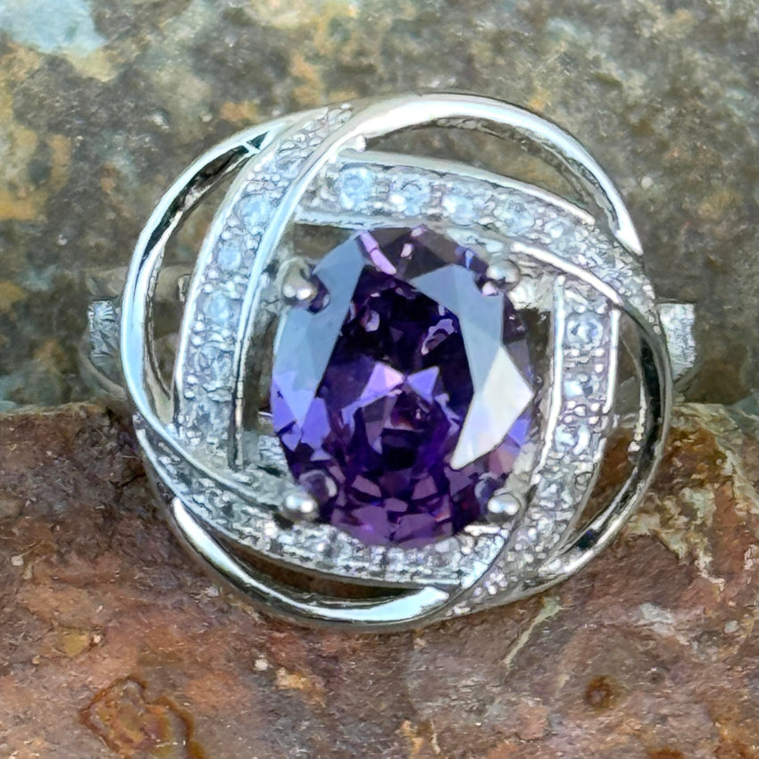 Elegant Sterling Silver Ring with Purple & White Cubic Zirconia - Size 8 | Perfect for Weddings, Anniversaries & Special Occasions