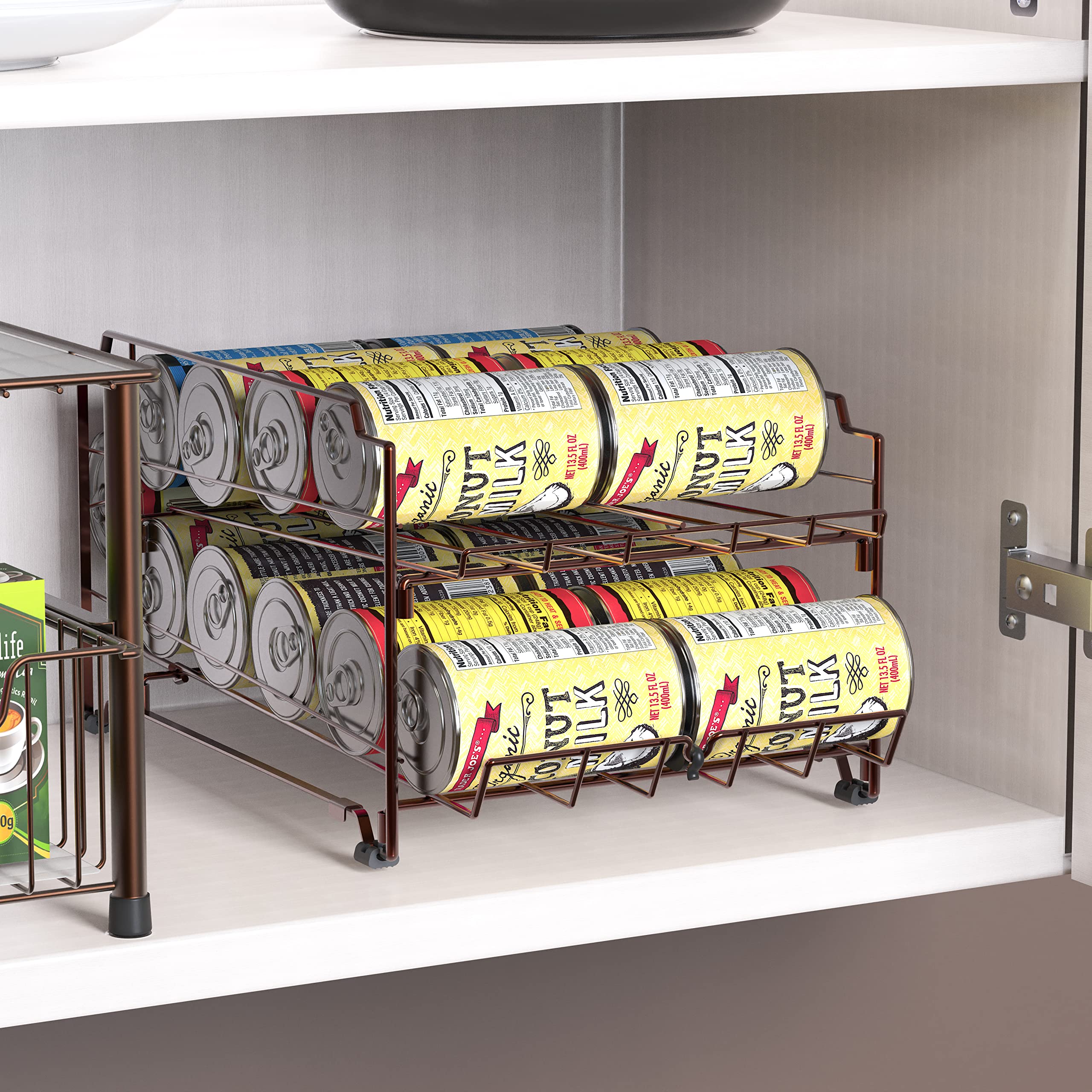 Dual Row Front Loading Stackable Can Dispenser - Bronze Organizer for Pantry, Kitchen & Garage Storage | Space Saving Soda & Beer Can Rack