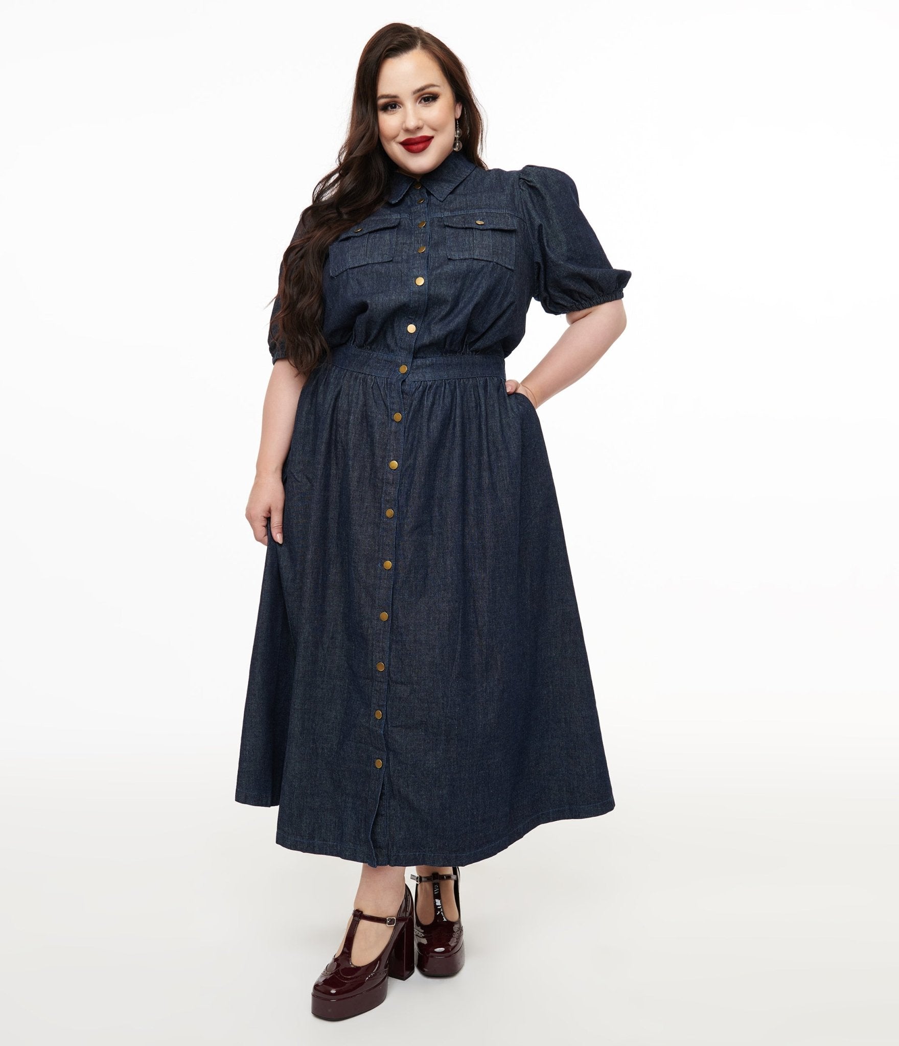 Plus Size Blue Denim Midi Dress for Women - Comfortable & Stylish Casual Outfit for Work, Date Night or Weekend Brunch
