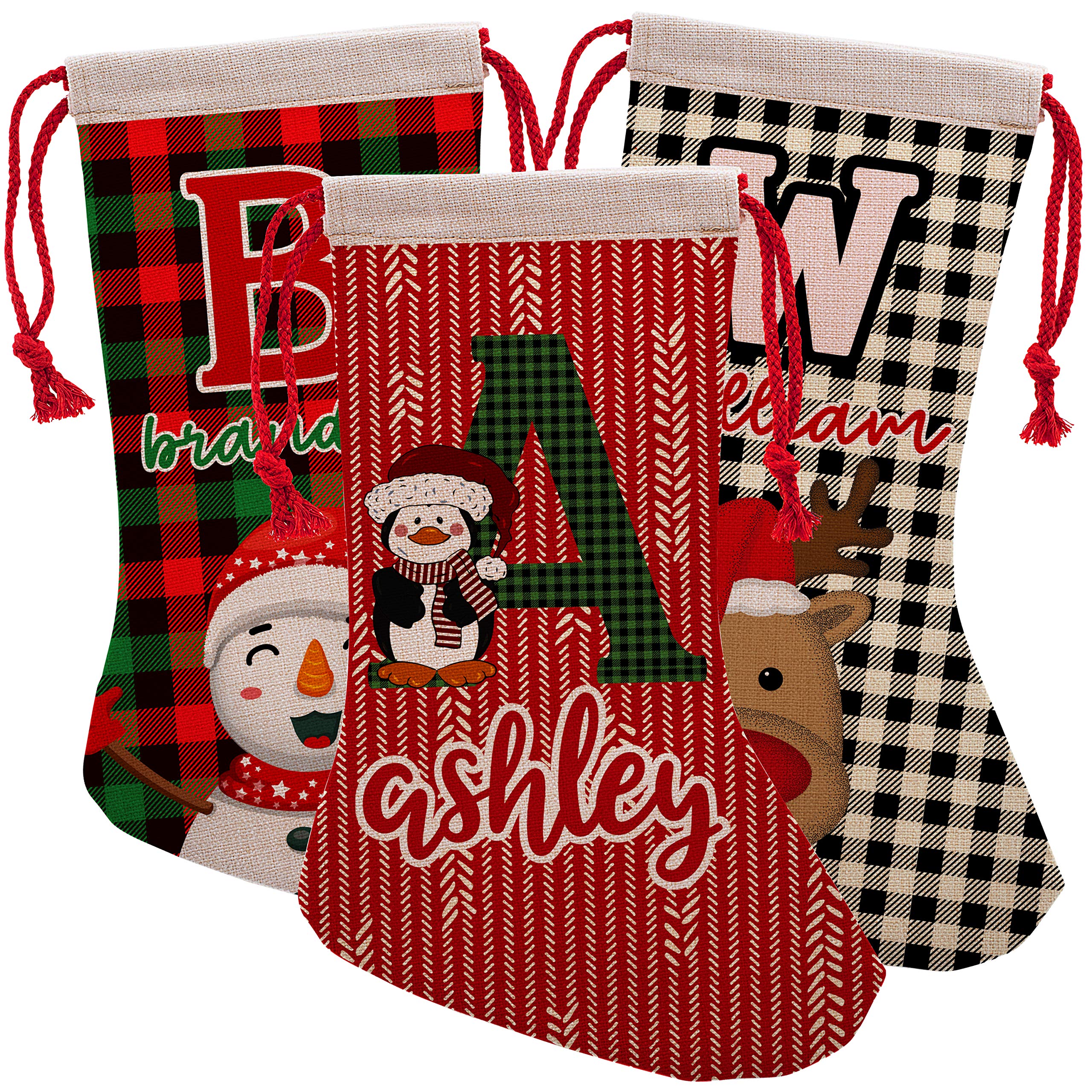 Personalized Christmas Stockings Set of 3 - Custom Name & Initial Burlap Stockings with 6 Festive Designs (Penguin, Unicorn, Snowman, Reindeer, Santa, Plaid) - 16 Inch Holiday Decor - Perfect for Kids' Gifts, Fireplace Mantel & Cozy Family Christmas Decorations