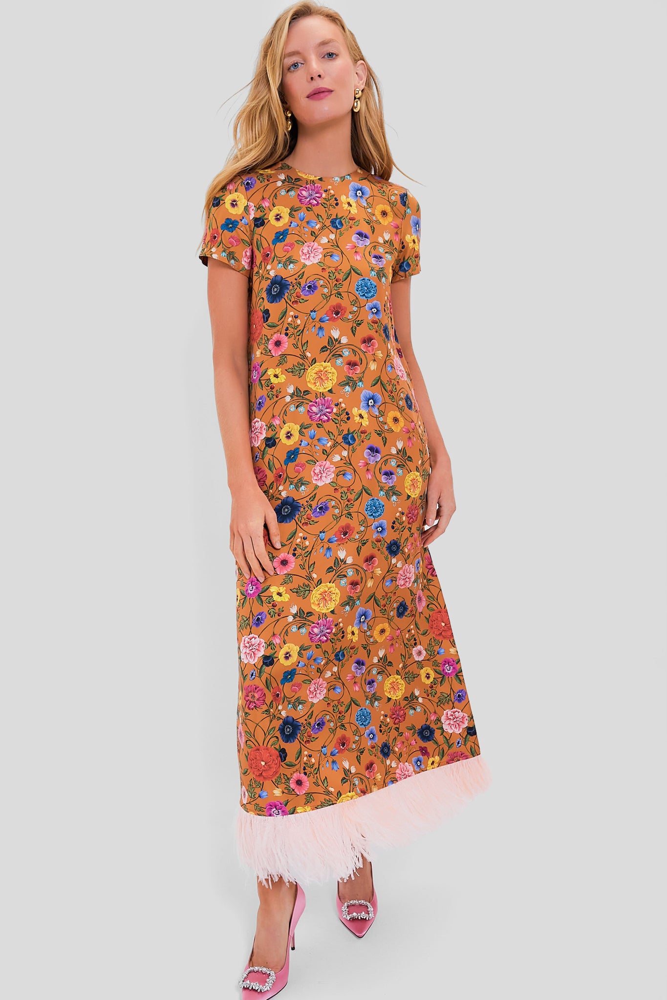 Botticelli Rust Short Sleeve Swing Dress with Feathers - Flowy Summer Dress for Women, Boho Chic Feather Trim Dress - Perfect for Beach Vacations, Date Nights & Outdoor Parties