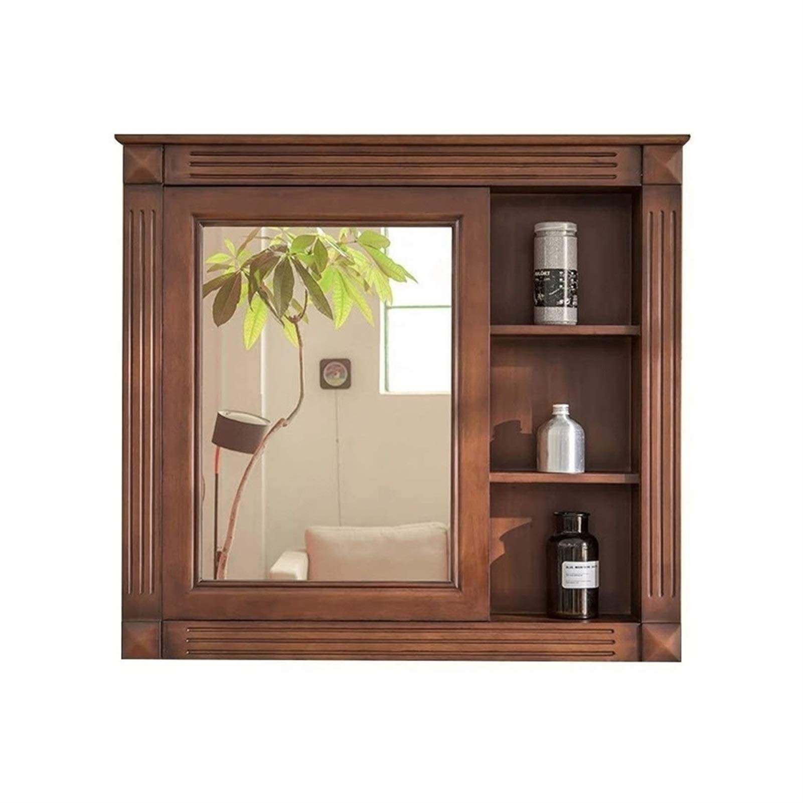 Rustic Brown Wood Wall Storage Cabinet with Vanity Mirror & Sliding Barn Door - Solid Wood Bathroom Furniture for Small Spaces, Farmhouse Decor, Apartment Organization - Perfect for Bathroom Storage, Bedroom Vanity, and Entryway Organization
