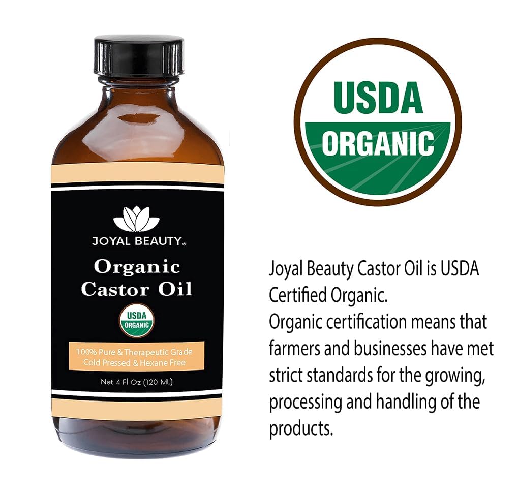 USDA Certified Organic Castor Oil - 100% Pure Cold Pressed Unrefined Hexane Free (4oz Glass Bottle) - Promotes Hair Growth, Eyelashes & Eyebrows - Natural Lash Serum for Face, Skin & Body Care - Includes Free Mascara Wand - Perfect for Nighttime Beauty Routine & DIY Hair Treatments