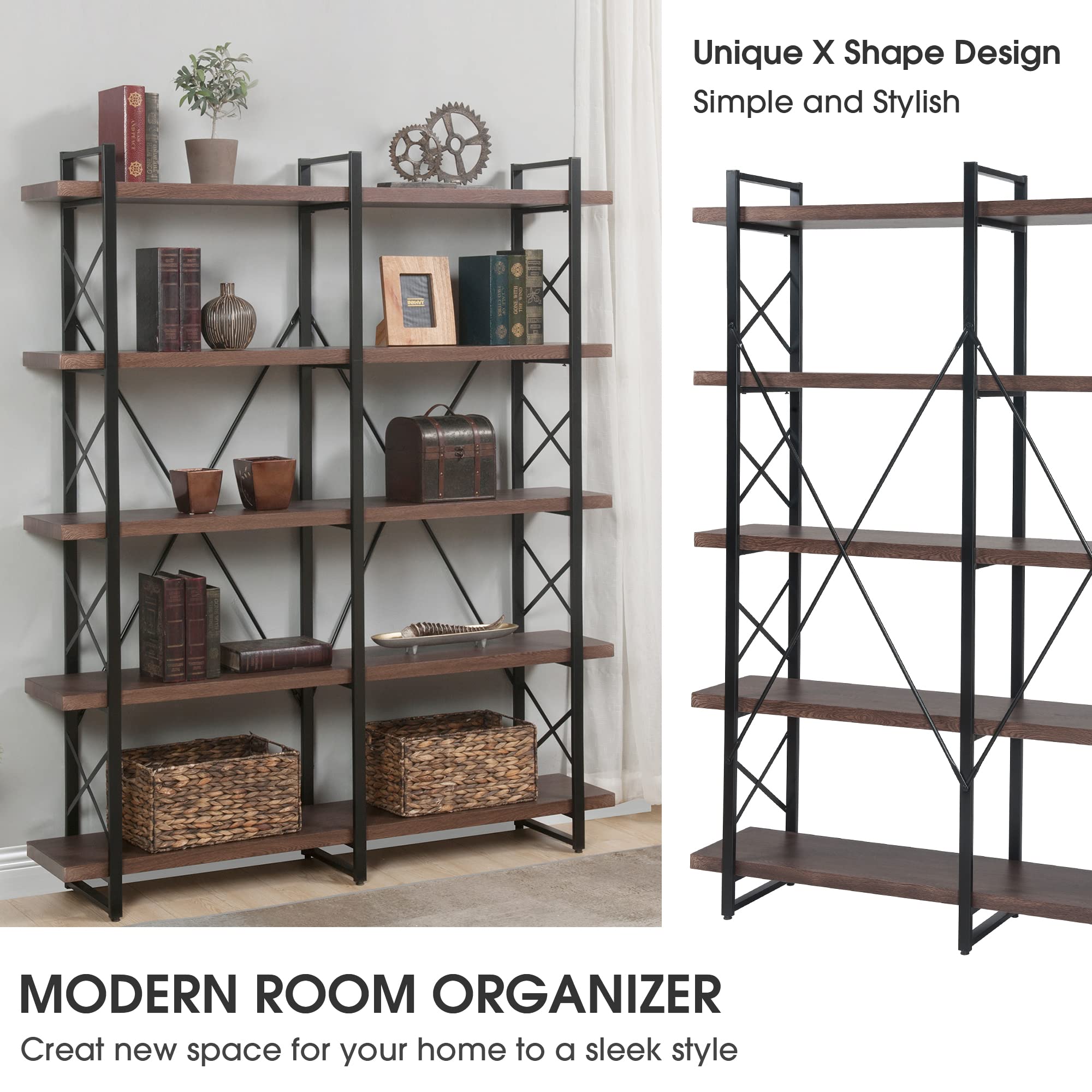 Merax 5-Tier Industrial Bookshelf - X Design Metal Frame Storage Shelf for Home Office, Living Room & Bedroom (Espresso, 71 Inch) - Perfect for Organizing Books, Decor & Office Supplies