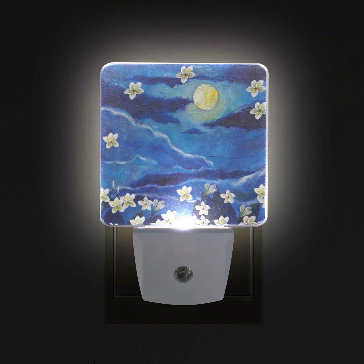 Vikko 2-Pack LED Night Light Plug in with Dusk to Dawn Sensor - White Flowers Moon Blue Sky Painting Design for Kids & Adults - Perfect for Bedroom, Living Room, Hallway & Home Decor - Creates Soothing Ambiance for Nighttime Relaxation