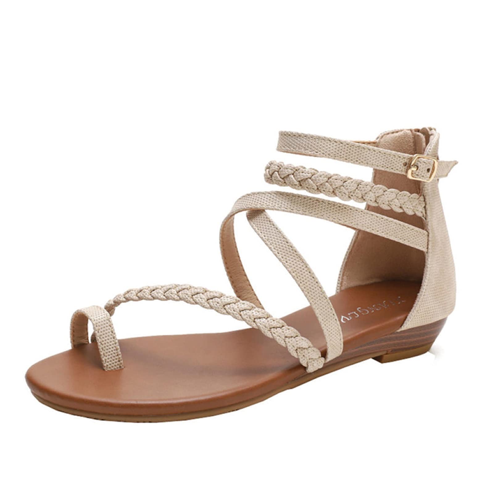 Women's Summer Comfortable Beach Sandals - Bohemian Fashion Casual Flat Sandals with Back Zipper - All-Match Ladies Shoes for Walking, Travel & Vacation (Color: Beige, Size: 9)