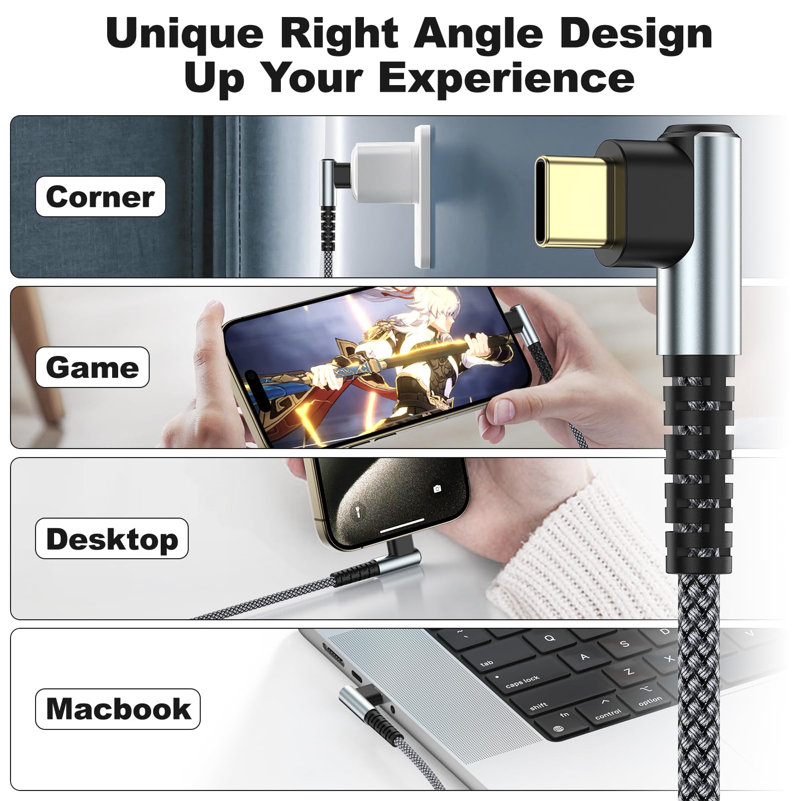 60W USB C to USB C Fast Charging Cable [10ft/3 Pack] - Braided Type C Charger with Right Angle for iPhone 16/16 Plus/16 Pro Max/15/15 Plus/15 Pro Max, MacBook Pro, iPad, Samsung S24 - Perfect for Home, Office & Travel Charging