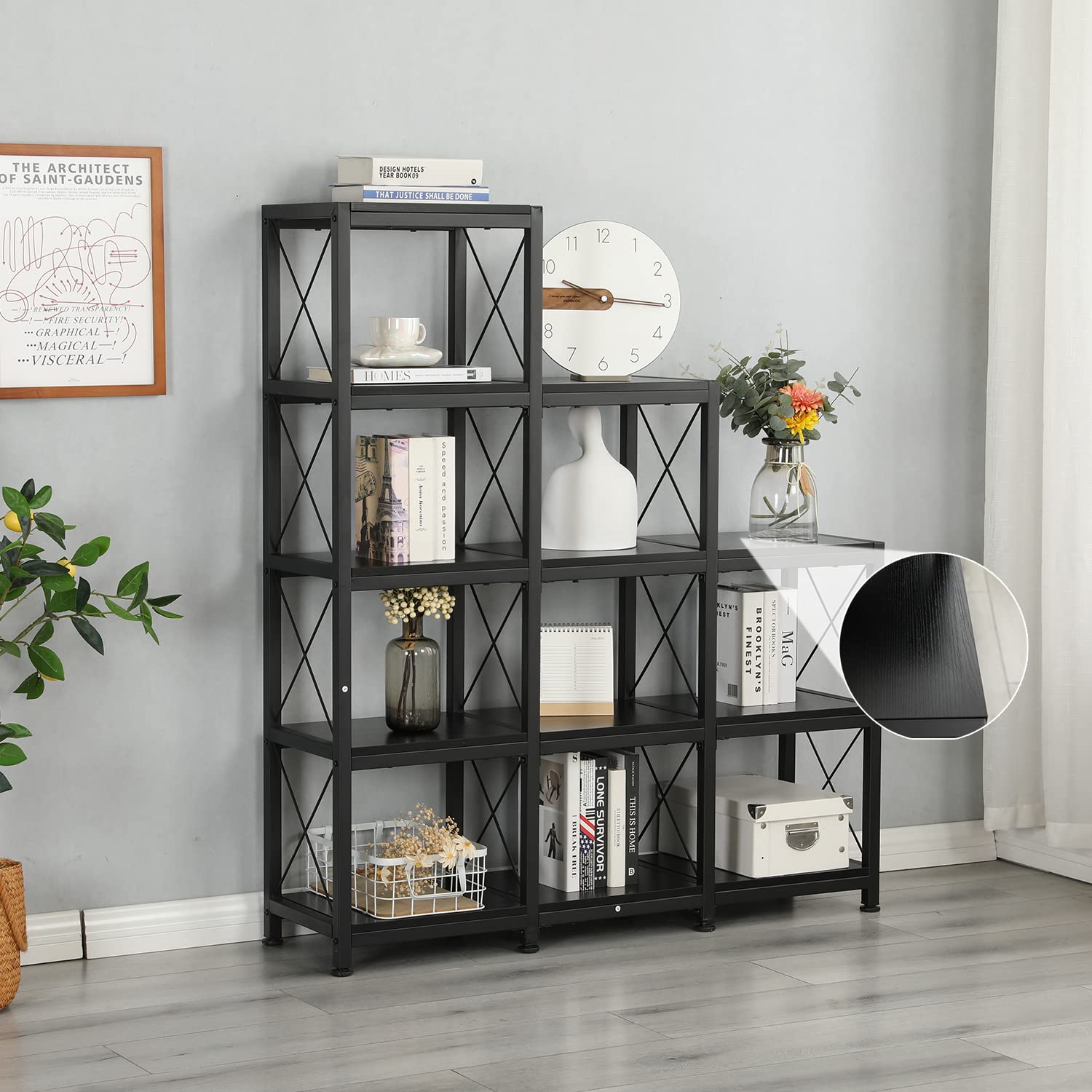 YOLENY 5-Tier Industrial Vintage Ladder Corner Bookshelf - 12 Shelves Storage Organizer for Office, Living Room & Bedroom - Black - Perfect for Small Spaces & Home Decor