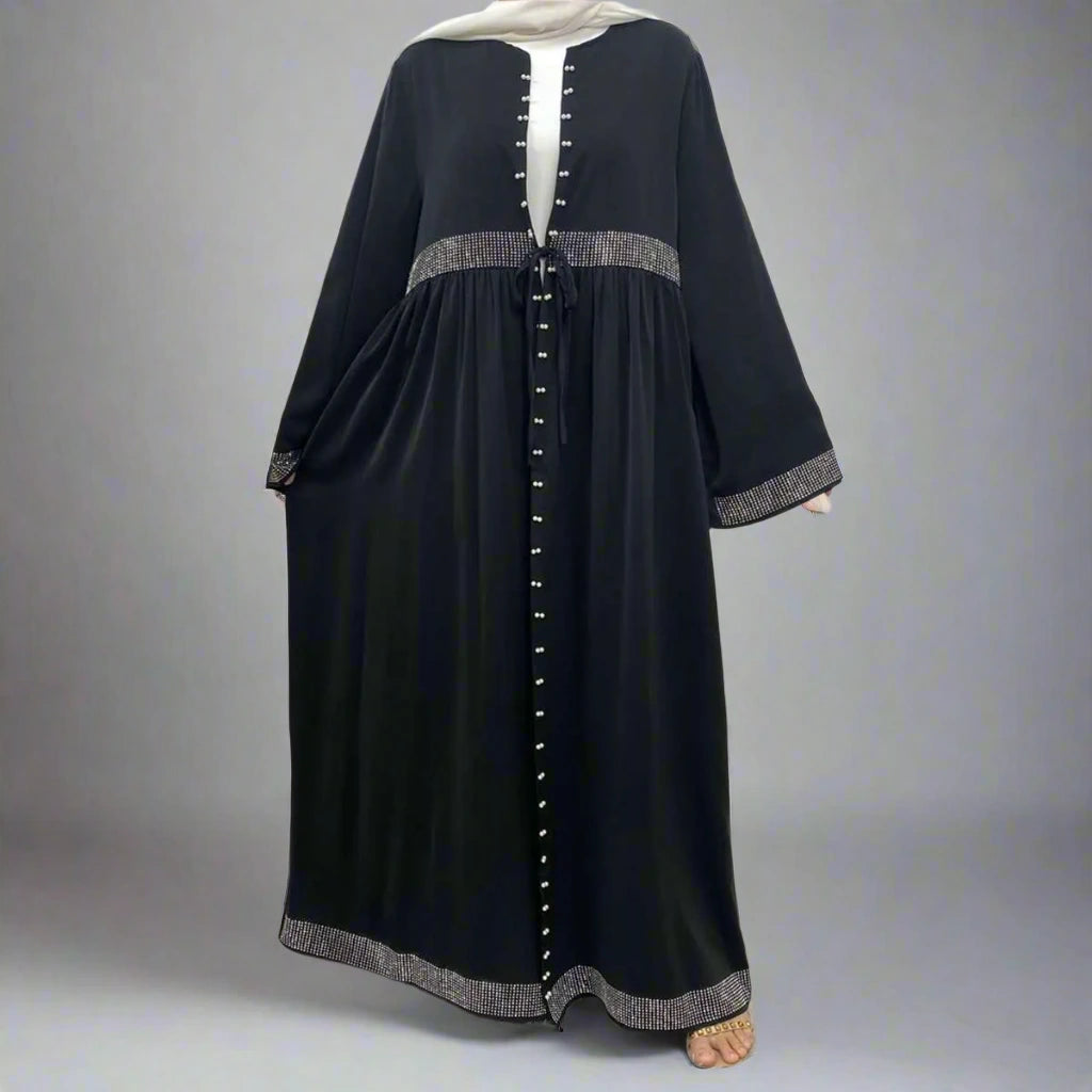 Hotfix Rhinestone Beaded Muslim Women's Cardigan Open Abaya Dress - Elegant Islamic Prayer Wear for Special Occasions & Daily Use