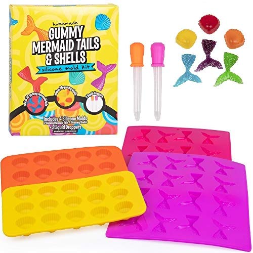 Premium Mermaid Silicone Gummy Candy Molds - 4 Pack XL Nonstick Baking Trays with 2 Droppers for Chocolate, Ice Cubes, Candies & DIY Treats - BPA-Free Food Grade Silicone - Perfect for Birthday Parties, Baby Showers & Holiday Baking