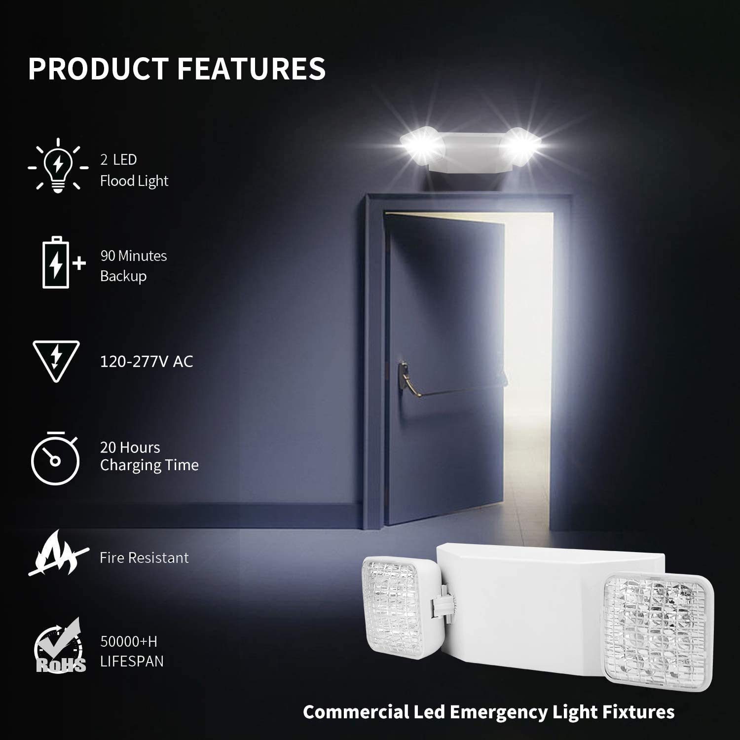 UL Certified AKT LIGHTING Commercial Emergency Light - 2 Adjustable LED Square Heads with Backup Batteries for Exit Lighting (6 Pack) - Ideal for Offices, Warehouses & Public Buildings