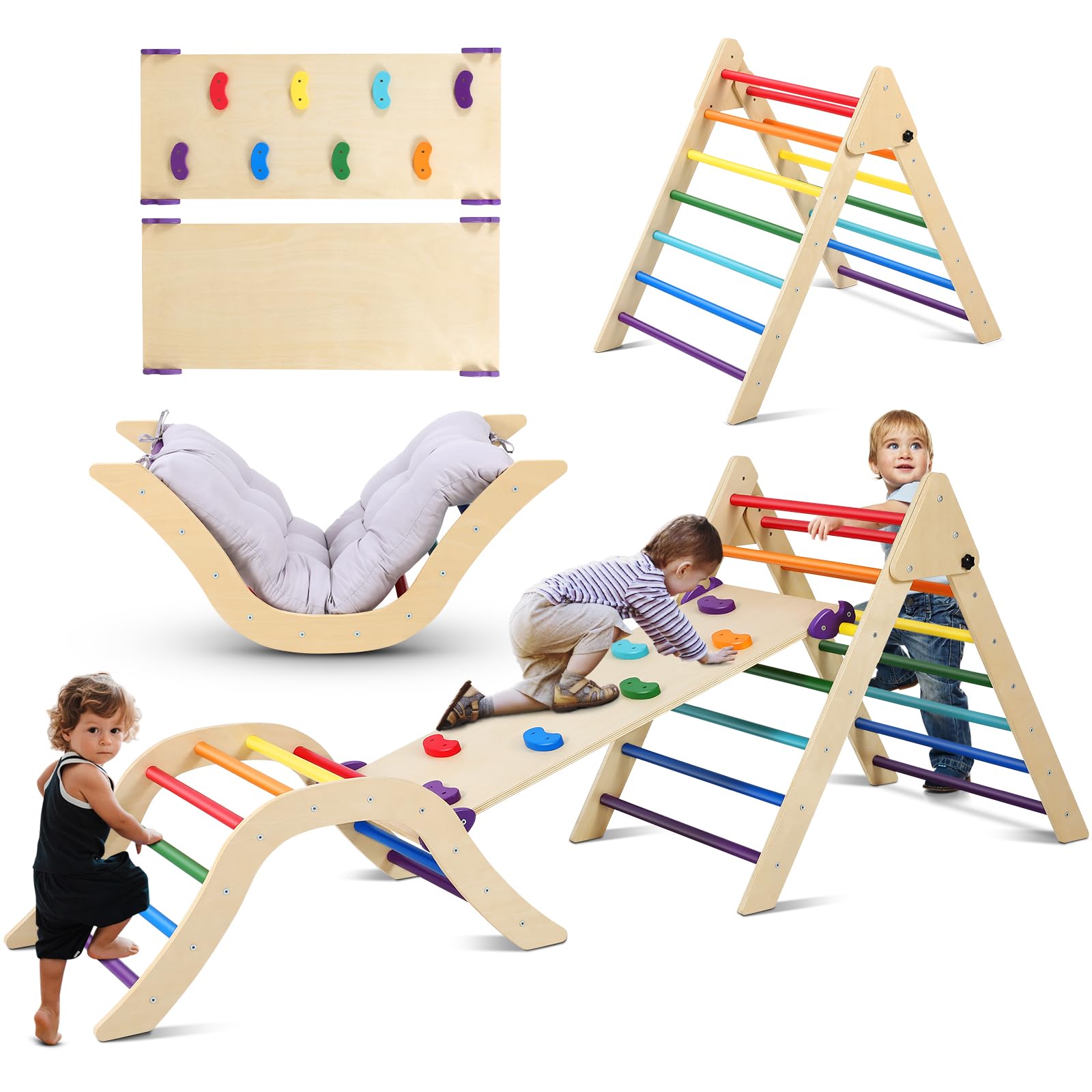 **Pikler Triangle Set Climber 5-in-1 - Foldable Wooden Montessori Climbing Toy for Toddlers 2-6 Years - Indoor Play Gym with Ramp, Arch, Mat & Climbing Tripod - Perfect for Home, Daycare & Montessori Classrooms**