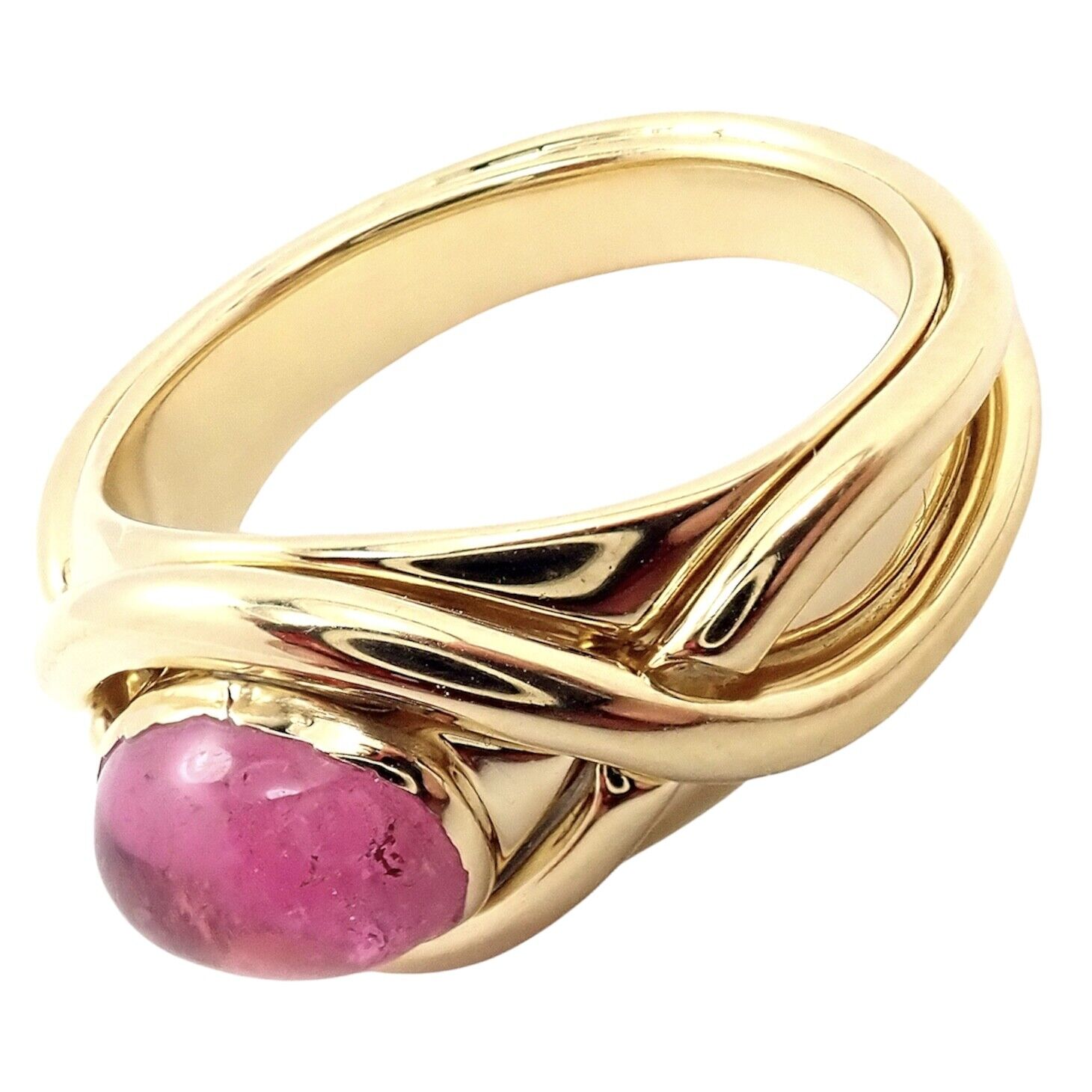 Authentic Tiffany & Co 18K Yellow Gold Pink Tourmaline Cabochon Band Ring - Rare Vintage Jewelry for Women, Perfect Gift for Anniversary, Engagement & Special Occasions