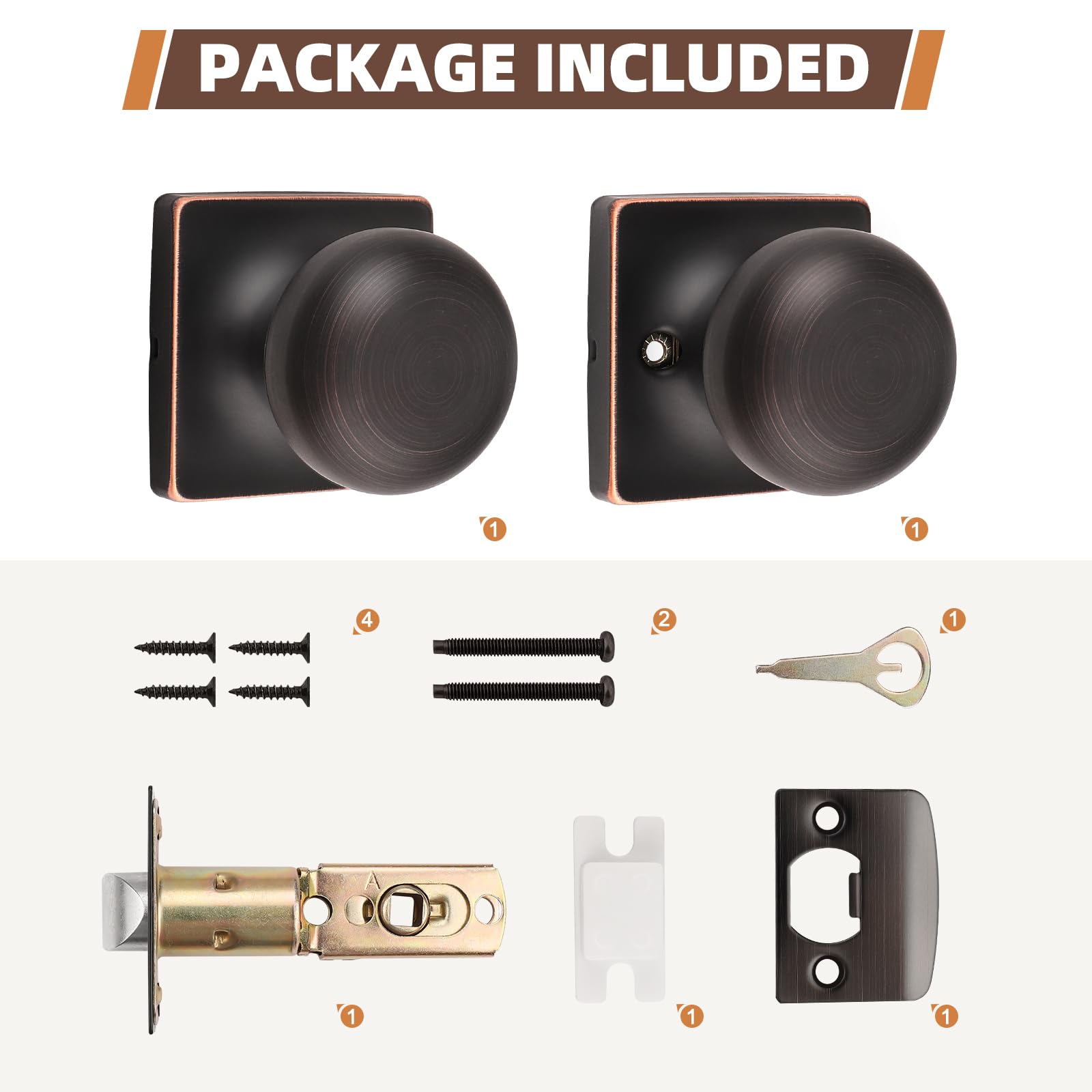 GOBEKOR 3 Pack Keyless Passage Door Knobs - Oil Rubbed Bronze Interior Door Knob with Lock, Stainless Steel Round Knob for Hallway, Bedroom & Closet - Easy Installation & Smooth Operation