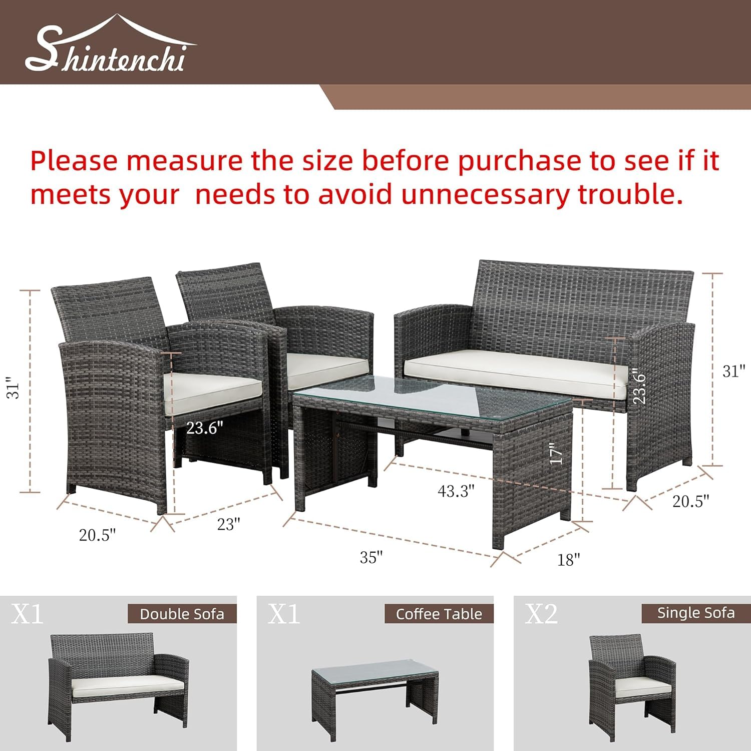 Shintenchi 4-Piece Gray Wicker Outdoor Patio Furniture Set with Weather-Resistant Cushions & Tempered Glass Tabletop - Rattan Conversation Set for Garden, Poolside or Backyard Relaxation