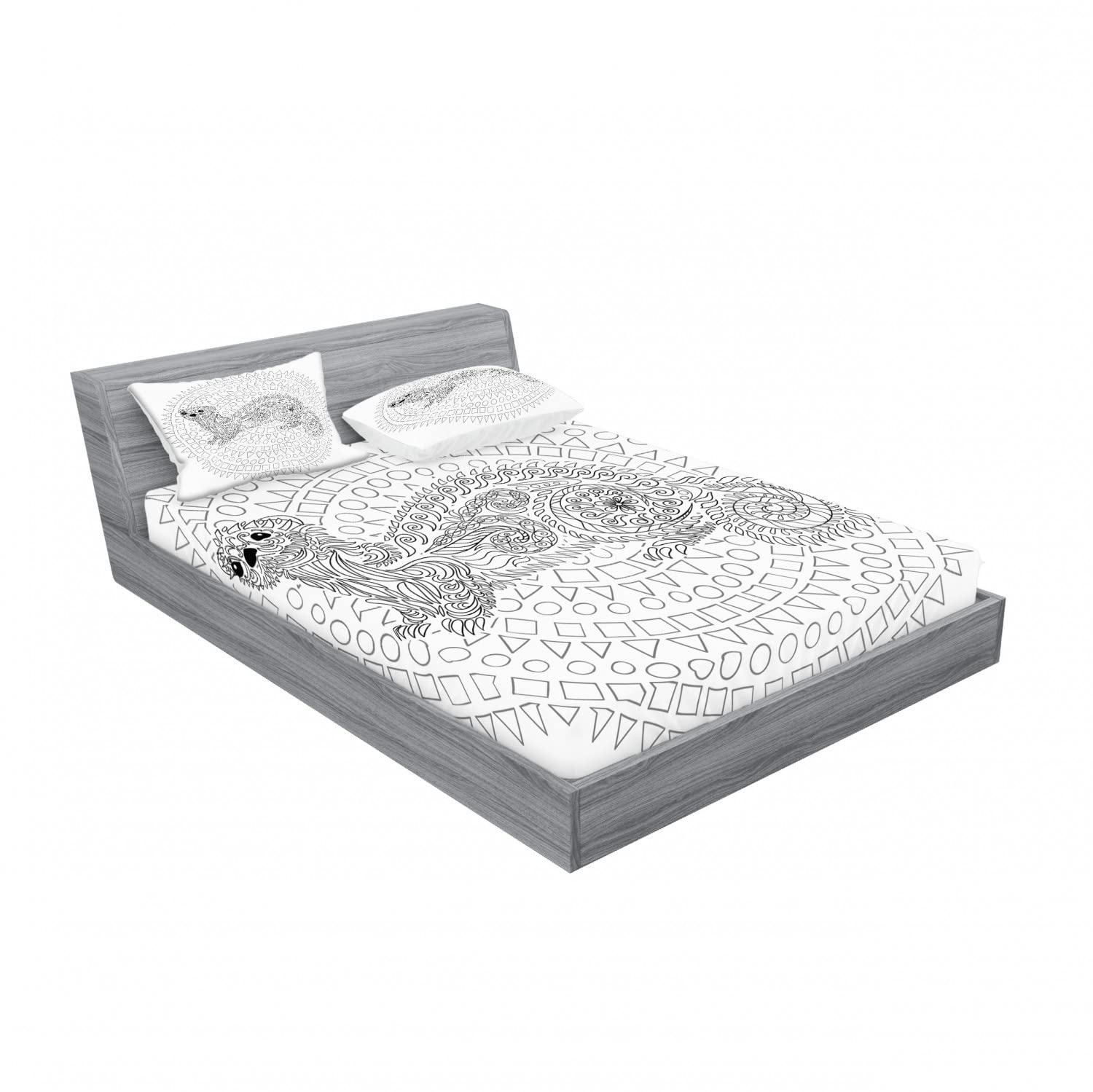 Ambesonne 2-Pack Queen Size Fitted Sheet & Pillow Sham Set - Squirrel Geometric Pattern Bedding Decor (4-Piece Set, 2 Fitted Sheets & 4 Pillow Covers) in White & Grey - Perfect for Guest Rooms, Kids' Bedrooms & Cozy Cabin Retreats