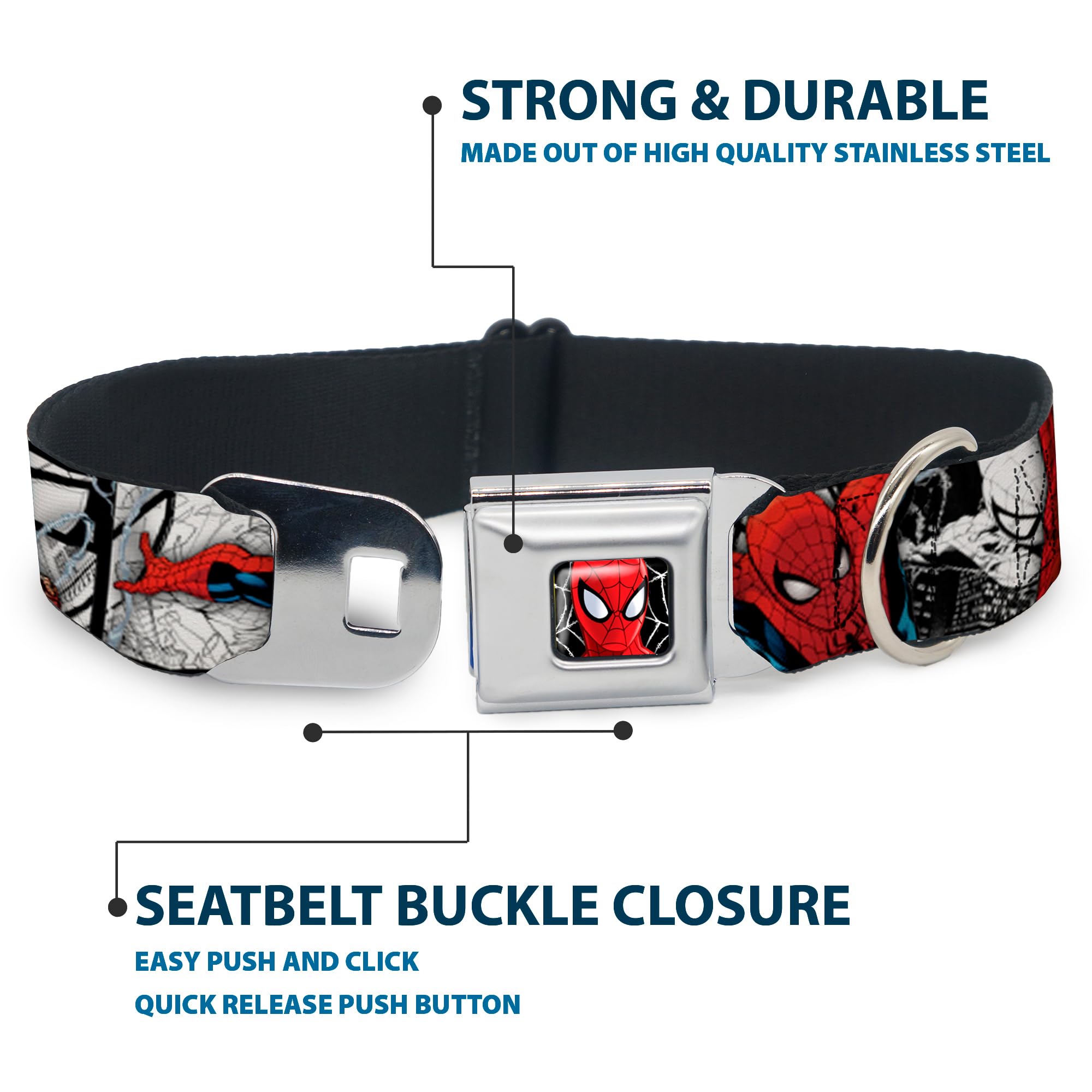 Spider Man Dog Collar with Seatbelt Buckle - 18 to 32 Inches Adjustable Pet Collar - 1.5 Inch Wide Nylon Dog Collar for Small Medium Large Dogs - White Black Red Comic Design - Perfect for Cosplay, Comic Con & Superhero Themed Events