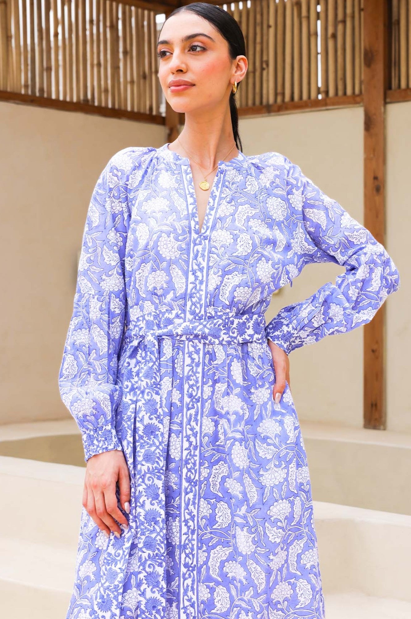 Organic Cotton Block Print Dress - Iris Blue & White | Boho Chic Summer Dress for Women | Perfect for Beach, Vacation & Casual Outings