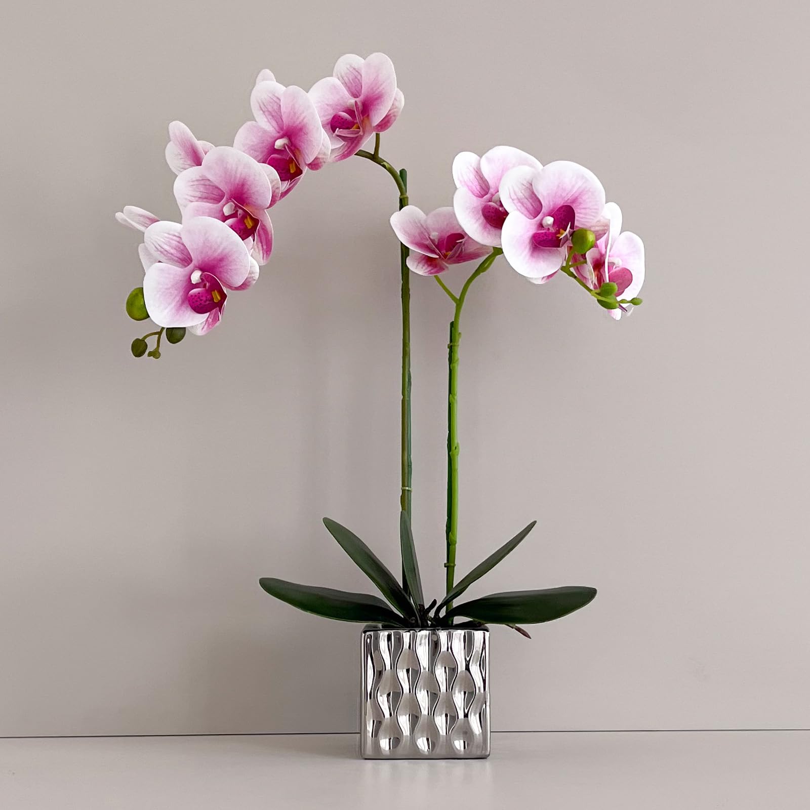 Artificial Orchid Flowers in Silver Vases - Elegant Fake Flower Arrangement for Home Decor | Perfect for Living Room, Wedding Centerpieces & Office Decoration