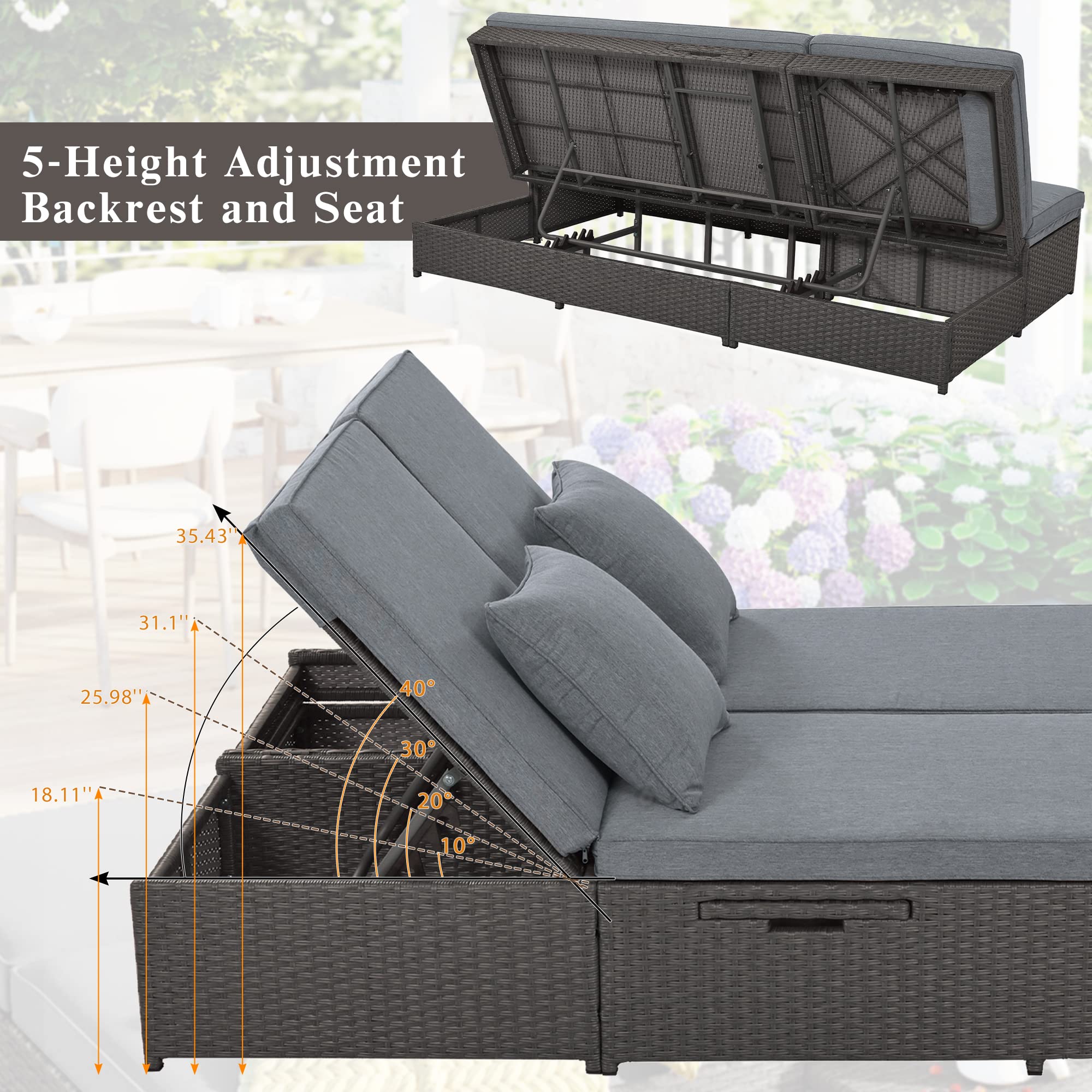 Outdoor PE Rattan Double Reclining Daybed with Adjustable Backrest & Cup Holder - All-Weather Patio Sun Lounger with Thick Cushions & Pillows for 2 People (Gray) - Perfect for Poolside Relaxation, Garden Lounging & Backyard Conversations