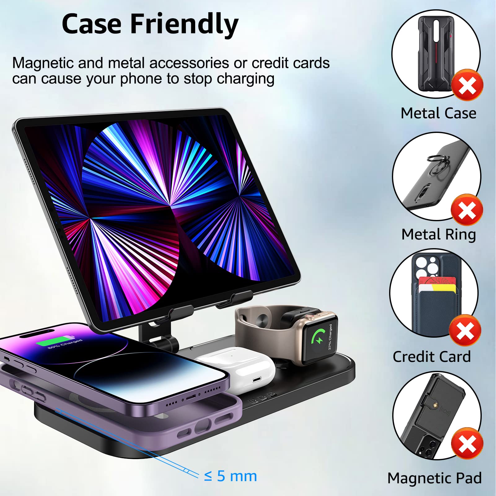4-in-1 Fast Wireless Charging Station for iPhone 16/15/14/13/12/11, Apple Watch 10/9/8/7/6/5/SE/4/3 & AirPods 4/3/2/Pro - Qi Certified Multi-Device Charger Pad for Home, Office and Nightstand Use