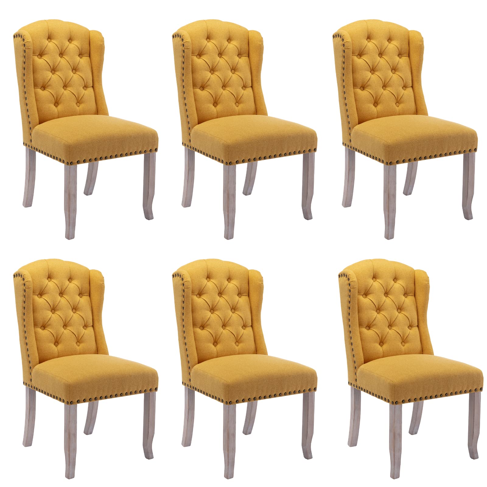 HEAH-YO Set of 6 Upholstered Dining Chairs - Armless Kitchen Chairs with Sturdy Wood Legs & Elegant Copper Nails - Tufted Side Chairs for Dining Room & Kitchen - Comfortable Yellow Fabric Seating - Perfect for Family Dinners, Kitchen Islands & Restaurant-Style Dining