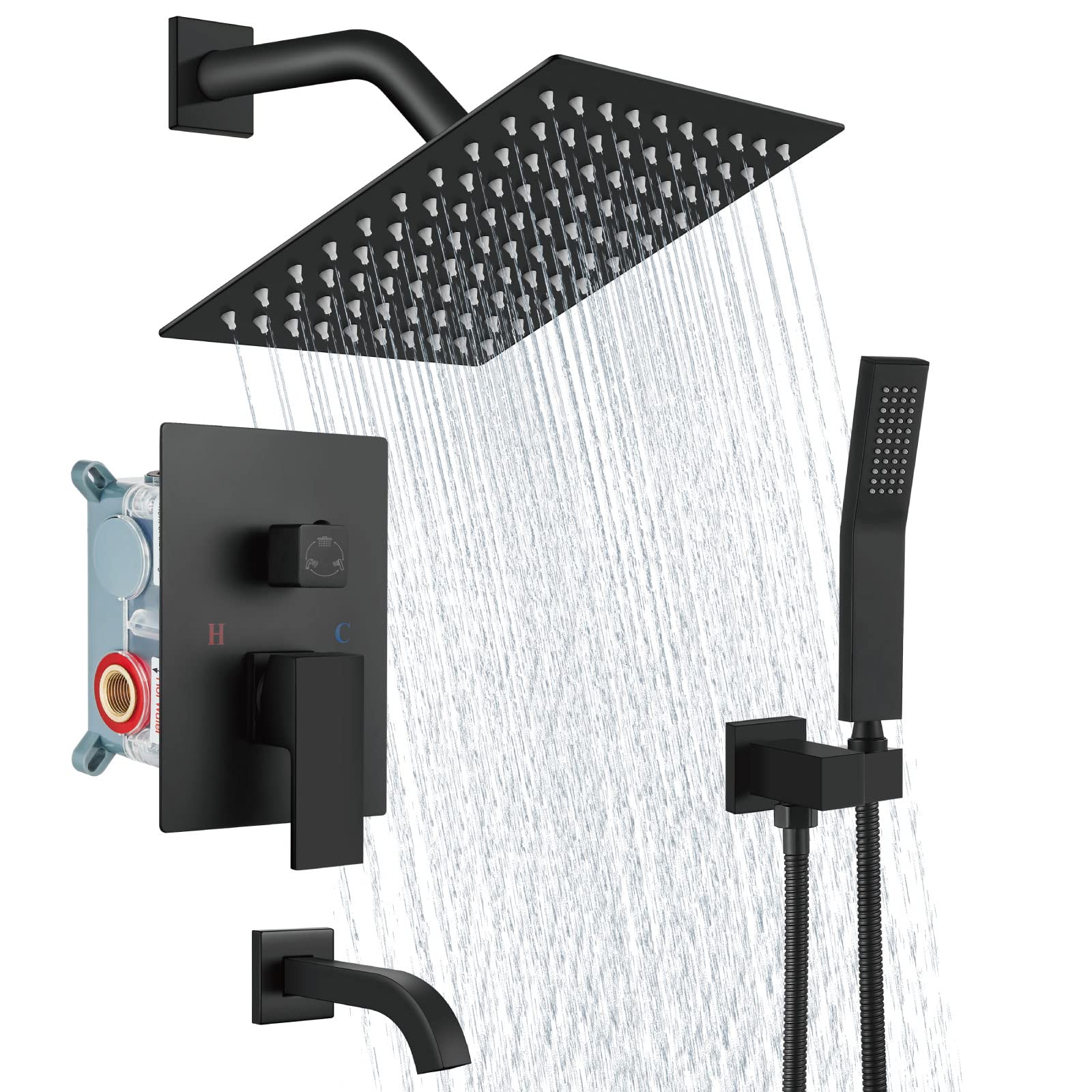 **Aolemi Luxury Rainfall Shower System - 8 Inch Matte Black Shower Head Combo Set with Tub Filler, Handheld Shower & Rough-in Valve | Wall Mount Bathroom Mixer Faucet for Spa-Like Relaxation**