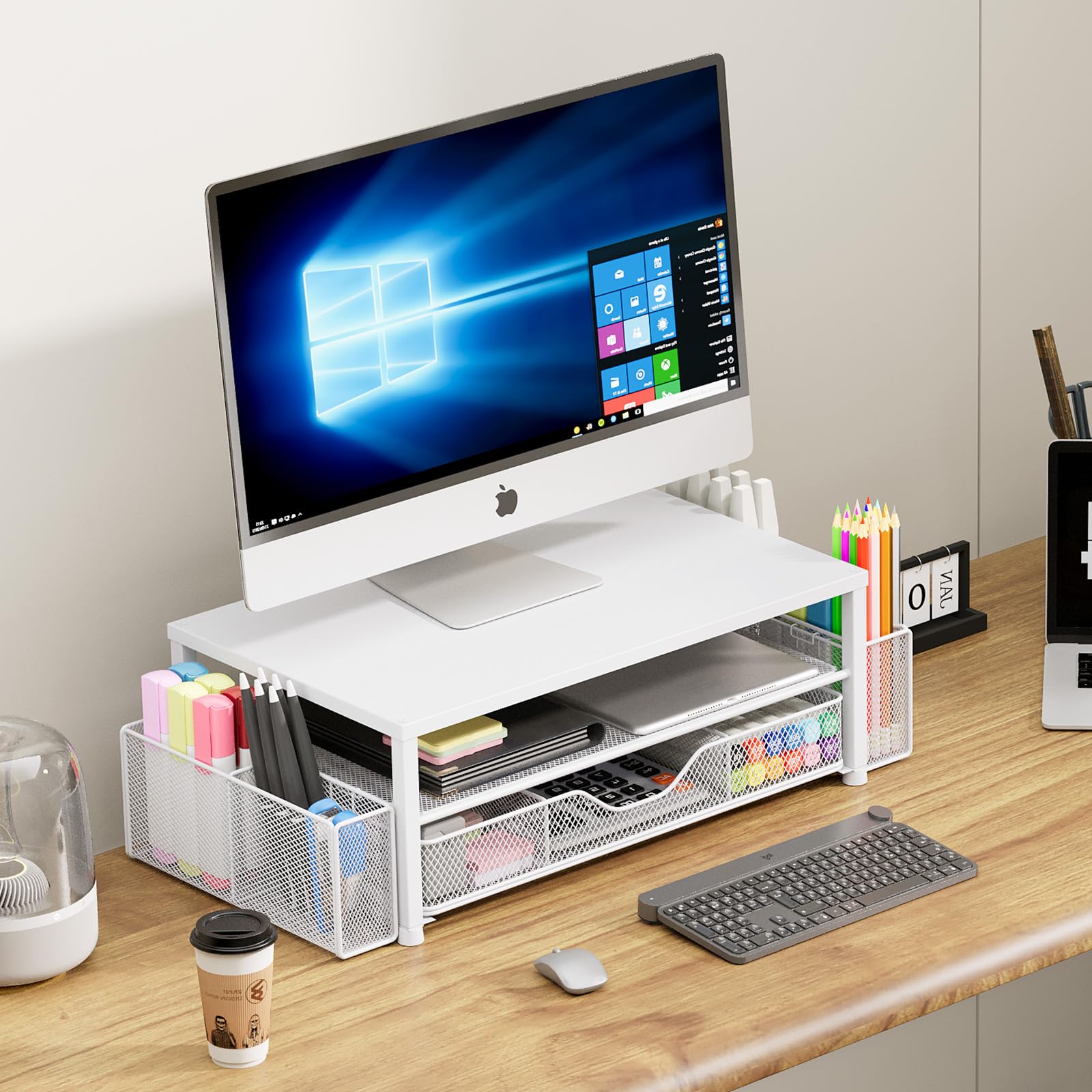 2-Tier White Computer Monitor Stand with Drawer & Pen Holders - Desk Organizer for Office Supplies, Workspace Accessories | Perfect for Home Office & Workspace Organization