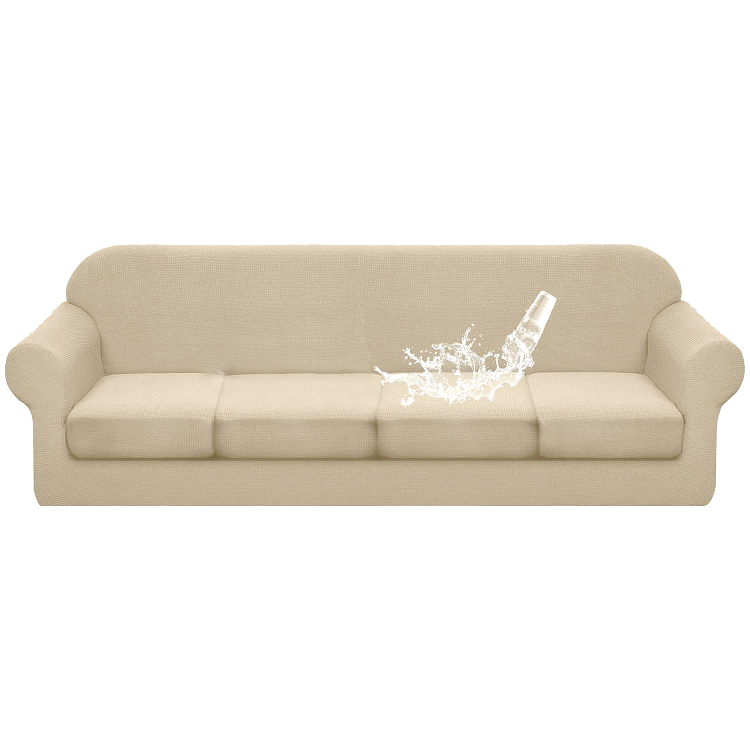 ZYXFYY Waterproof 4-Seater Sofa Slipcover - Pure Color Furniture Protector with Seat Cushion Cover (Natural) | Perfect for Living Room, Family Gatherings & Pet-Friendly Homes