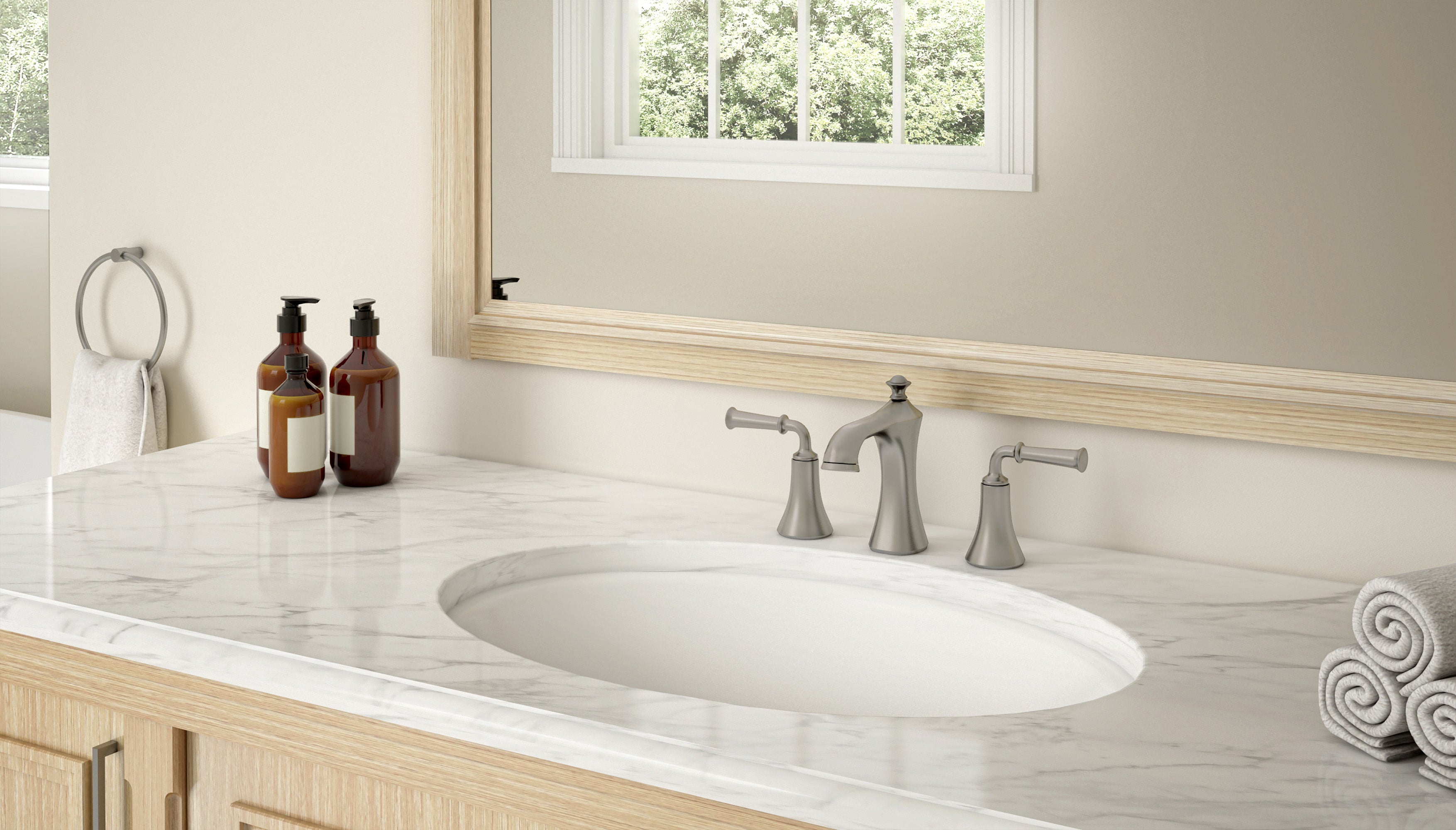 Peonia Brushed Nickel Widespread Bathroom Faucet - Modern 8-inch Centerset Bath Sink Faucet with High Arc Spout for Vanity, Powder Room & Guest Bath Installation