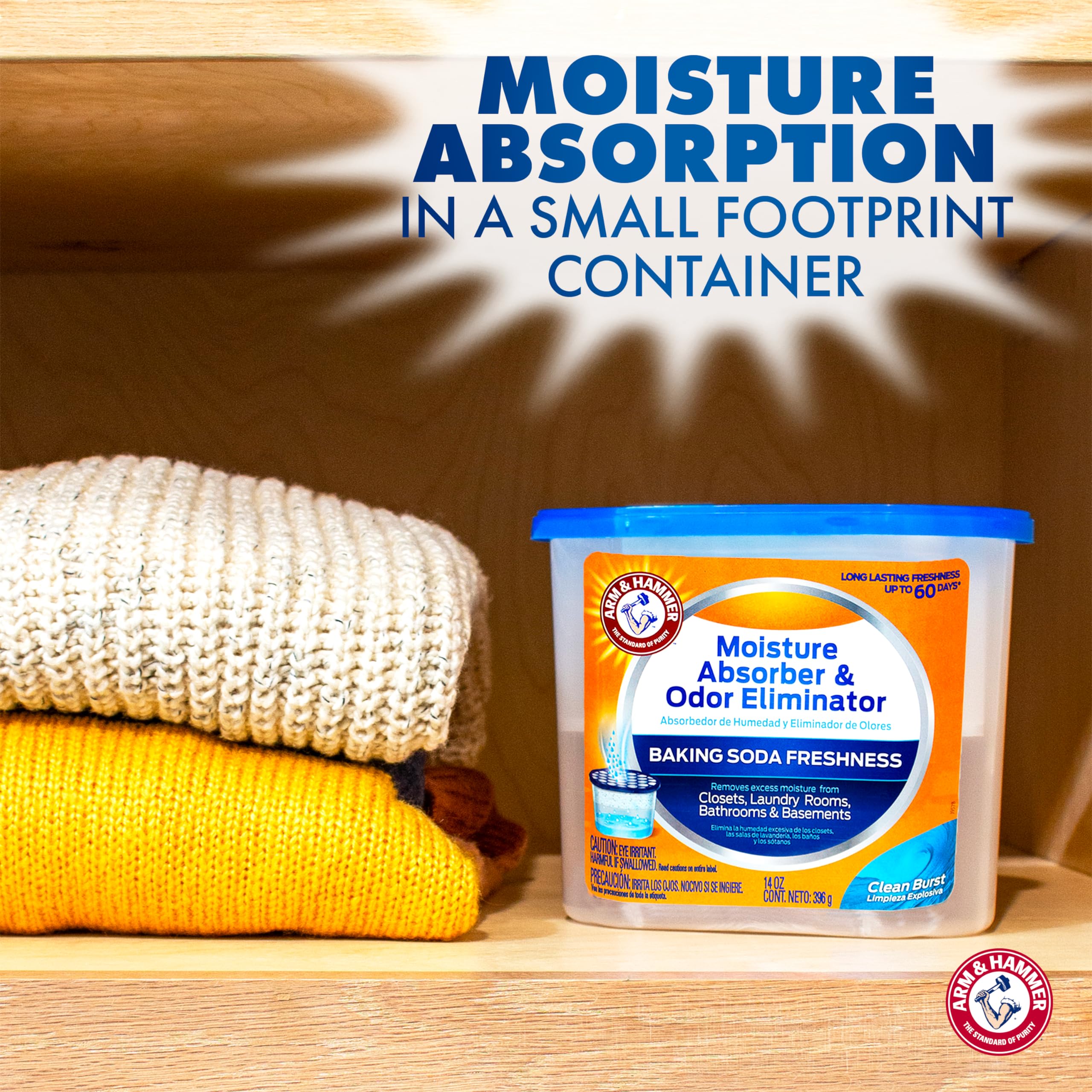 Arm & Hammer Clean Burst Moisture Absorber & Odor Eliminator Tubs - 14oz (3 Pack) - Absorbs Excess Moisture, Neutralizes Musty Odors - Ideal for Closets, Basements, Bathrooms & Laundry Rooms - White