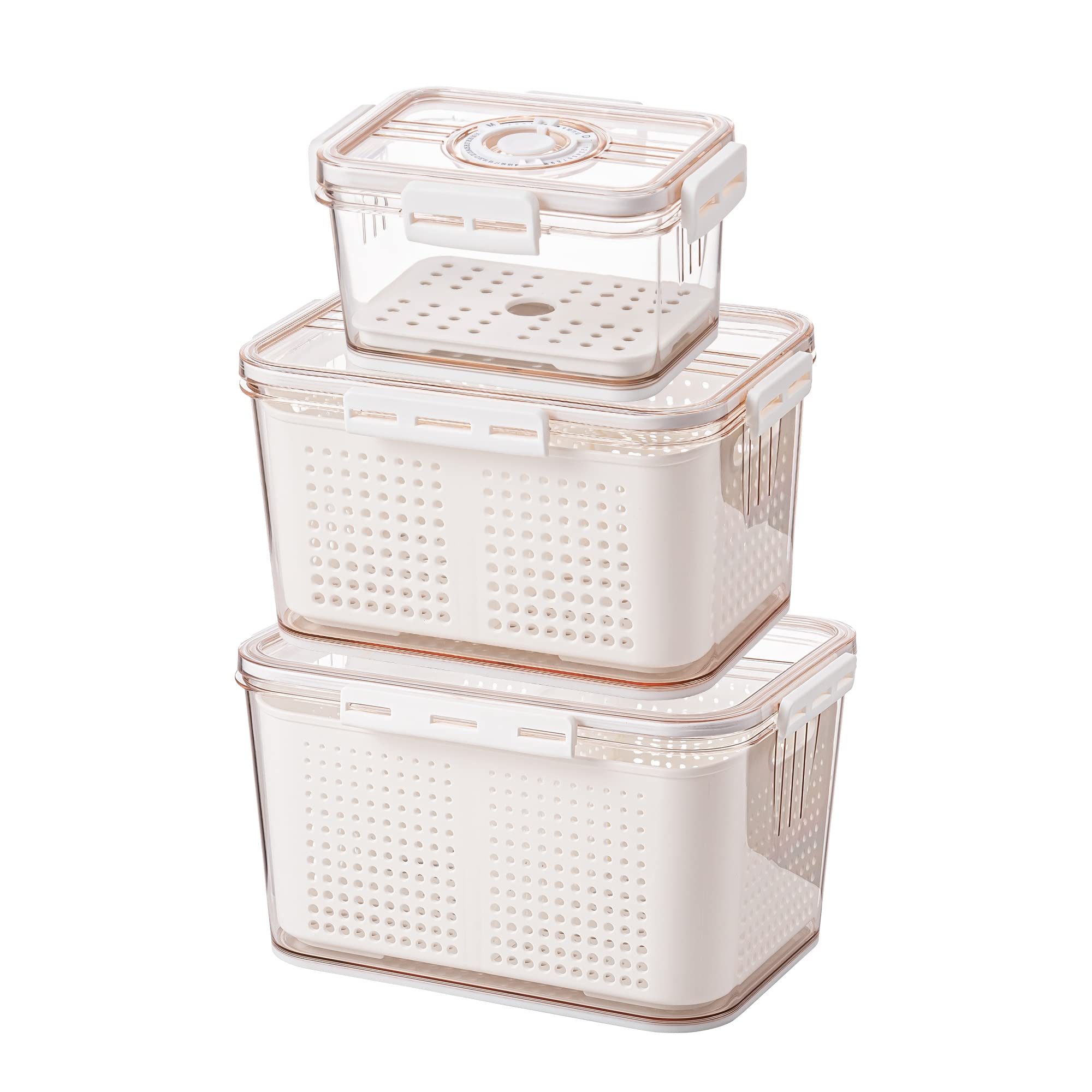 Stackable Refrigerator Organizer Bins - 3-Piece Fresh Vegetable & Fruit Storage Containers Set with Drain Tray & Adjustable Dividers | Perfect for Organizing Veggies, Fruits, Lettuce, Salad in Your Fridge