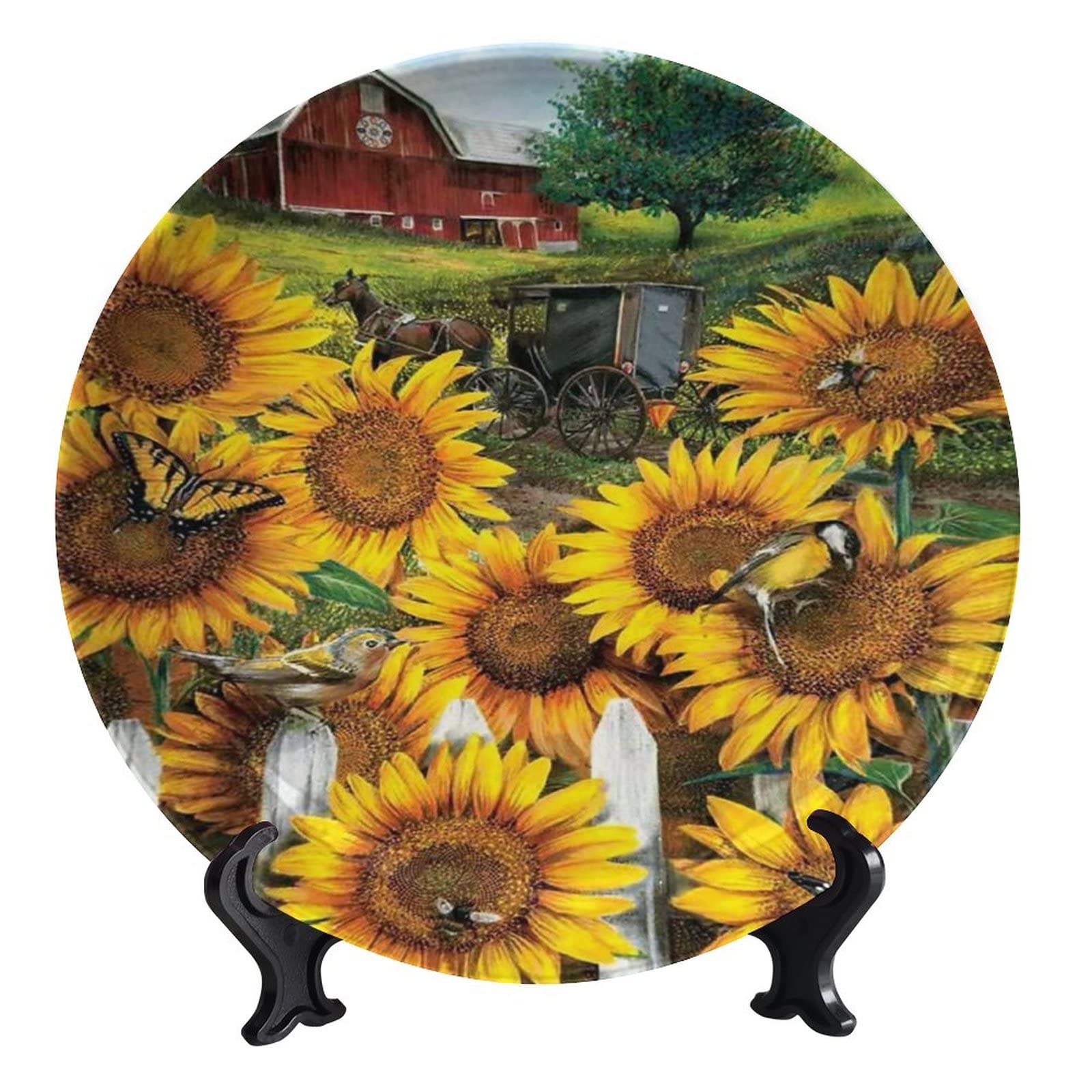 Ousente Spring & Summer Ceramic Hanging Decorative Plate - Sunflower Farm Design Porcelain Dish with Stand - 6 Inch Wall Art for Bedroom, Living Room, Bathroom Decor - Perfect for Farmhouse, Boho & Rustic Home Décor