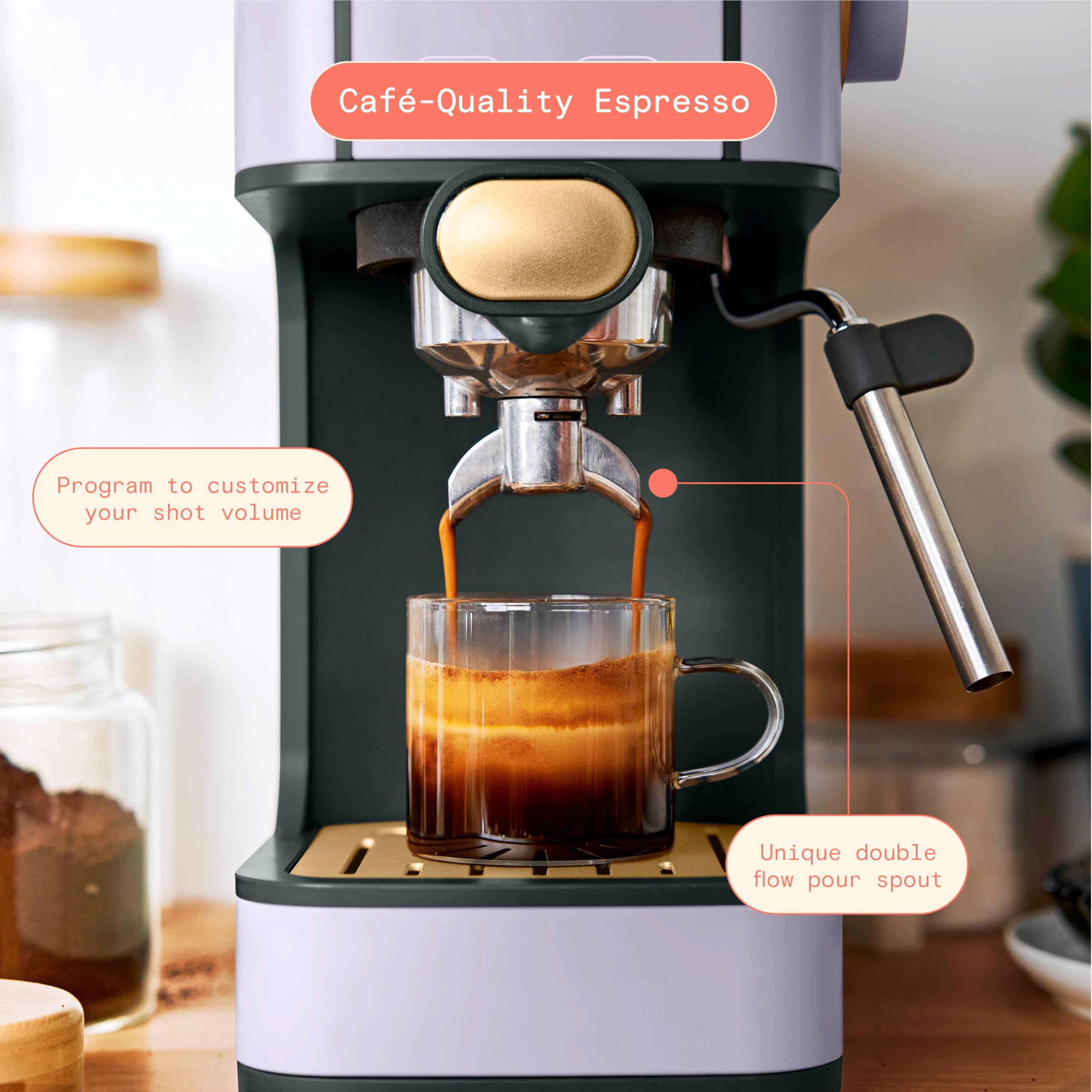 Drew Barrymore 20-Bar Pressure Espresso Machine - Slim & Sleek Lavender Finish for Home Baristas | Perfect for Small Kitchens, Office Coffee Breaks & Gift Giving